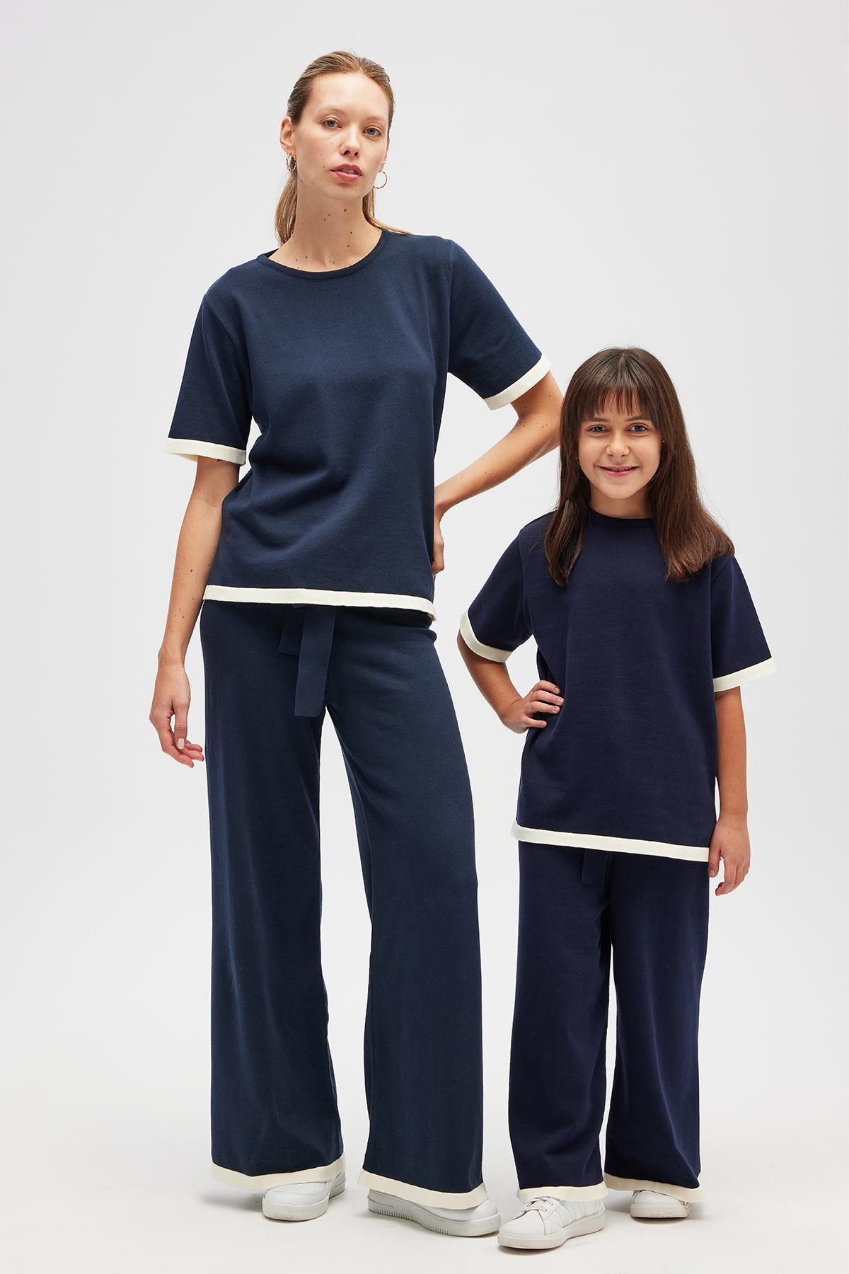 Peraluna-Rumi Kadın Beli Kemerli Triko Pantolon Navy-Pantolon-3-Milagron.com