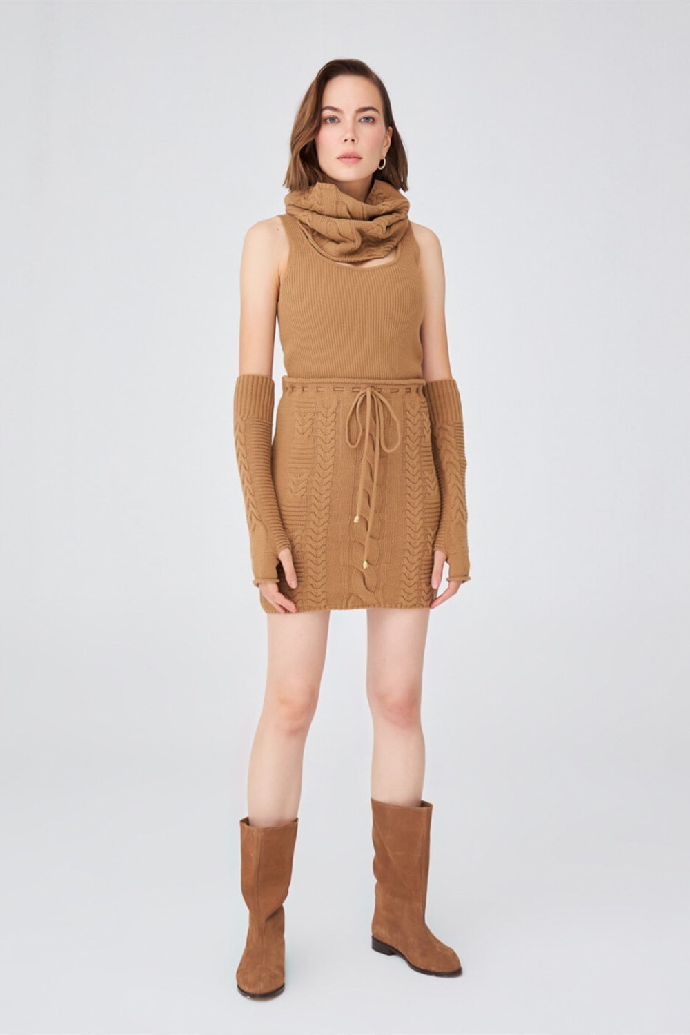 Peraluna-Saç Örgü Desenli Kaşmir Karışımlı Uzun Kadın Triko Eldiven-Eldiven-1-Milagron.com