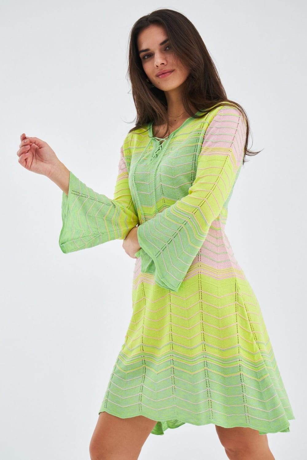 Peraluna-Sakura Dress Çan Kollu Diz Üstü Yazlık Kadın Triko Elbise-Elbise-3-Milagron.com