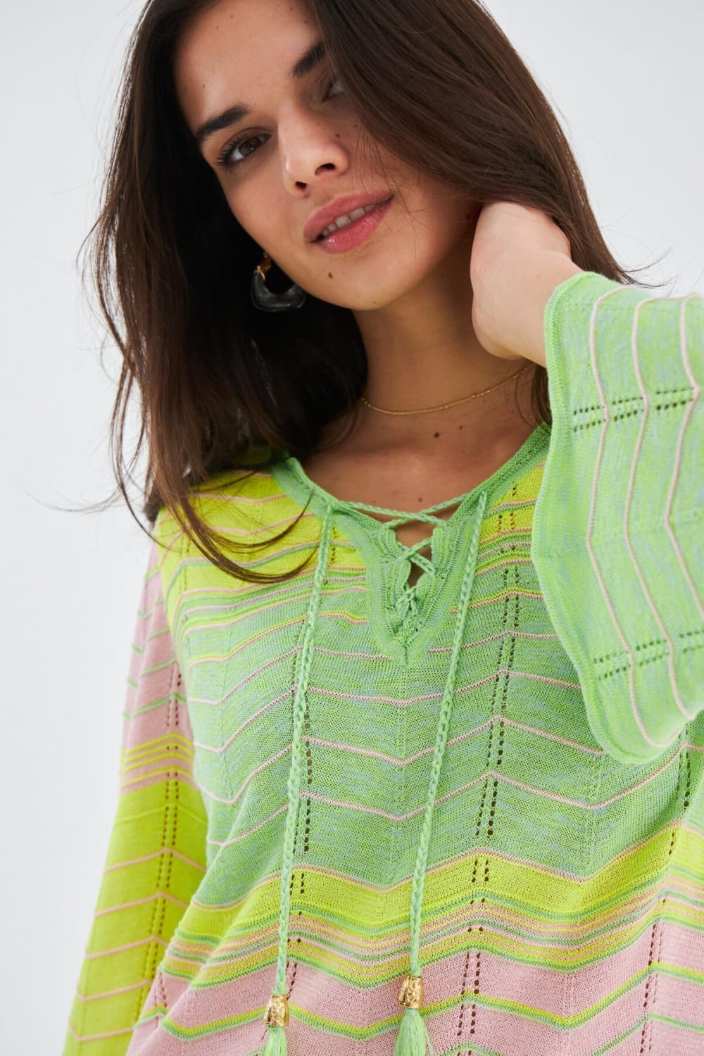 Peraluna-Sakura Dress Çan Kollu Diz Üstü Yazlık Kadın Triko Elbise-Elbise-5-Milagron.com