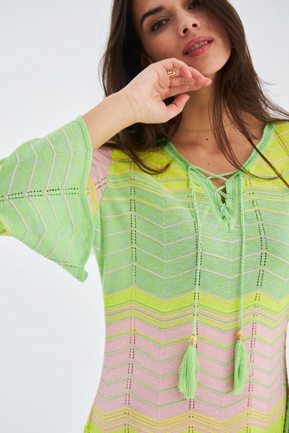 Peraluna-Sakura Dress Çan Kollu Diz Üstü Yazlık Kadın Triko Elbise-Elbise-8-Milagron.com