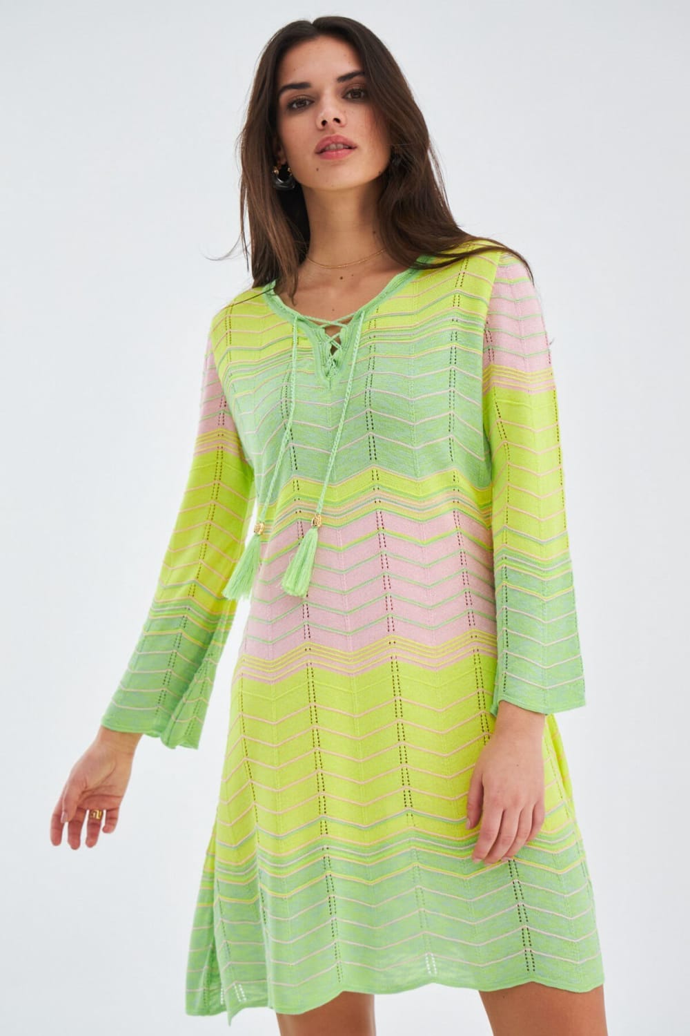 Peraluna-Sakura Dress Çan Kollu Diz Üstü Yazlık Kadın Triko Elbise-Elbise-9-Milagron.com