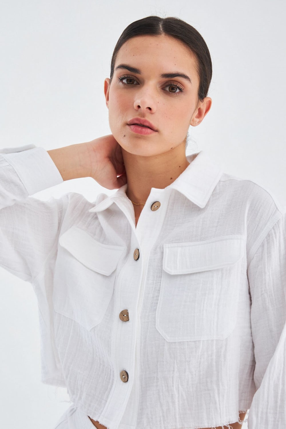 Peraluna-Sandal Gömlek Bol Kesim Cepli Yazlık Crop Kadın Gömlek-Gömlek-5-Milagron.com