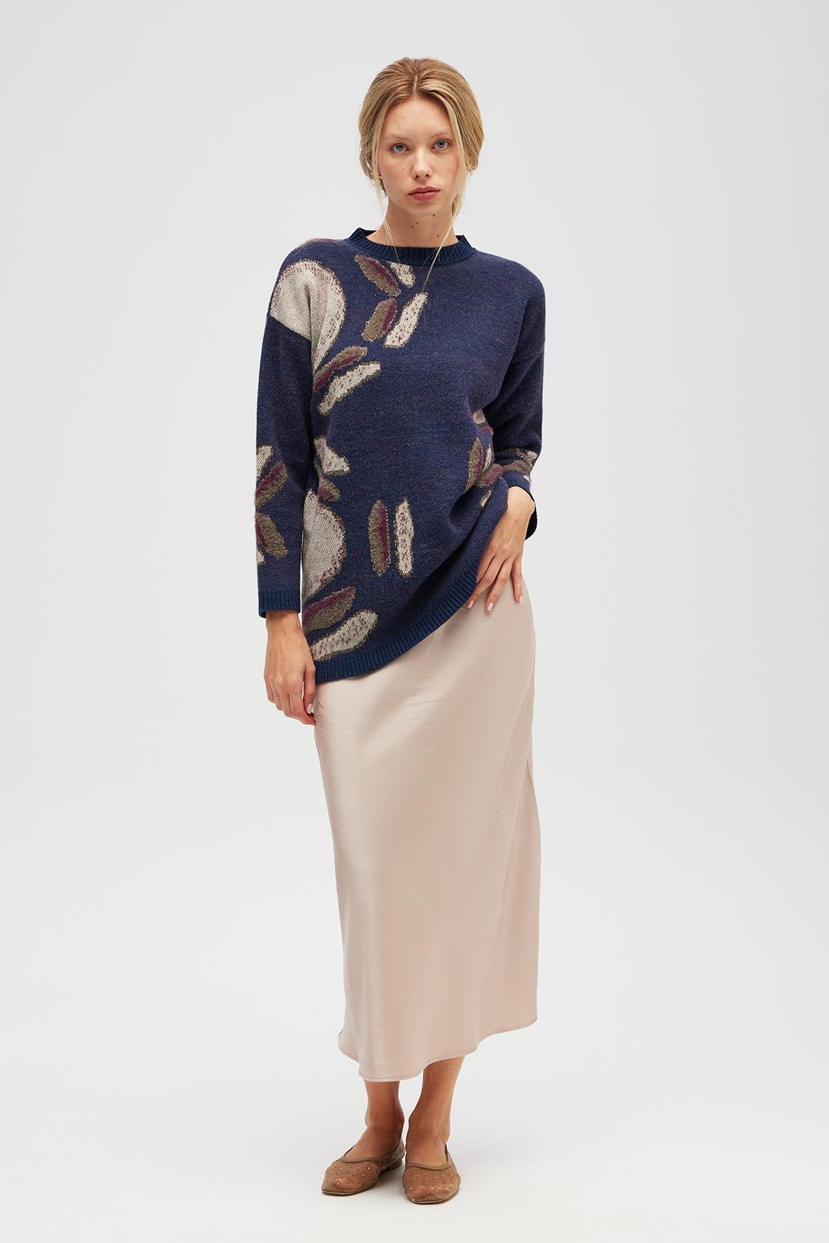 Peraluna-Saori Jakarlı Kadın Uzun Triko Tunik Indigo Multi-Tunik-1-Milagron.com