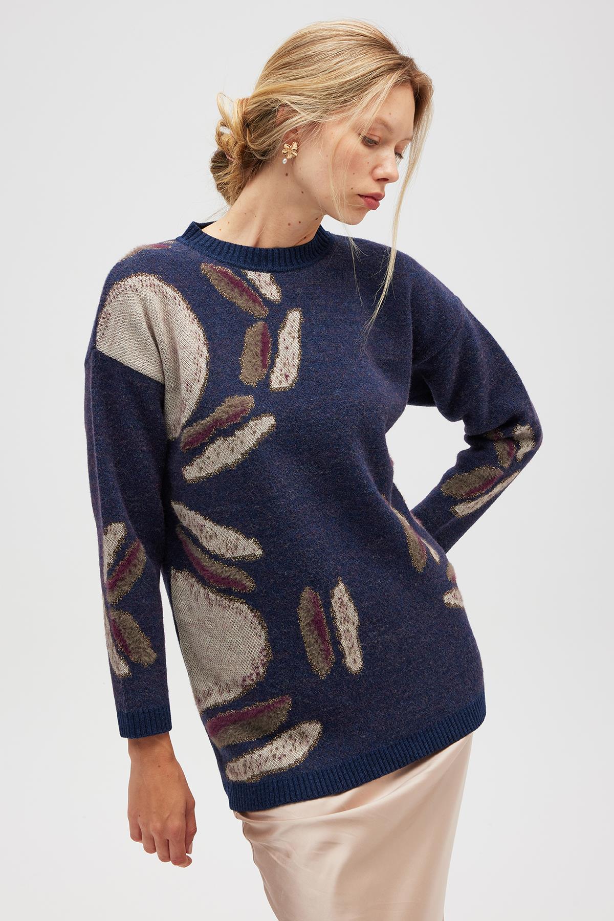 Peraluna-Saori Jakarlı Kadın Uzun Triko Tunik Indigo Multi-Tunik-2-Milagron.com