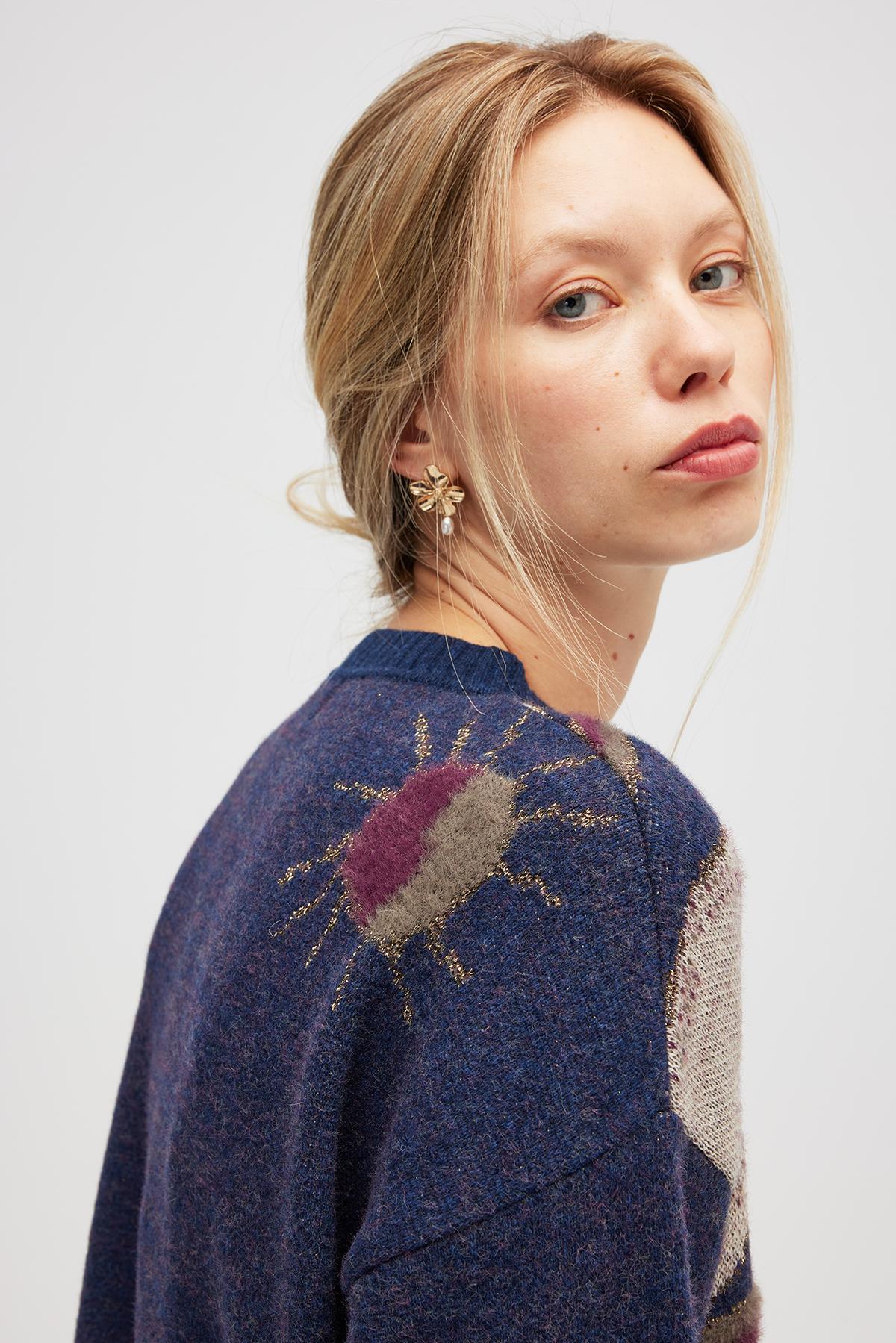 Peraluna-Saori Jakarlı Kadın Uzun Triko Tunik Indigo Multi-Tunik-4-Milagron.com