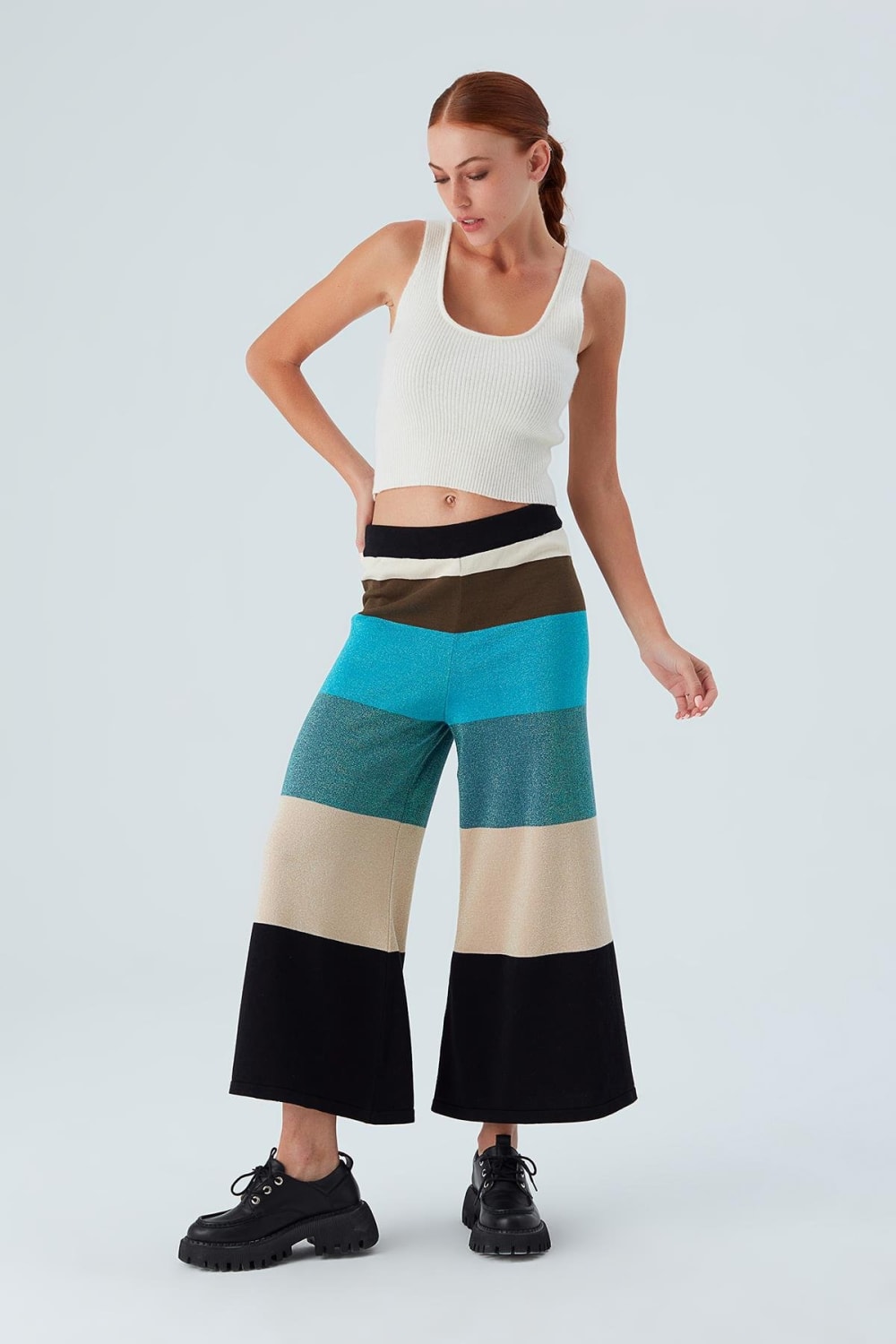 Peraluna-Sasha Trouser Geniş Çizgili Simli Kadın Triko Pantolon-Pantolon-1-Milagron.com