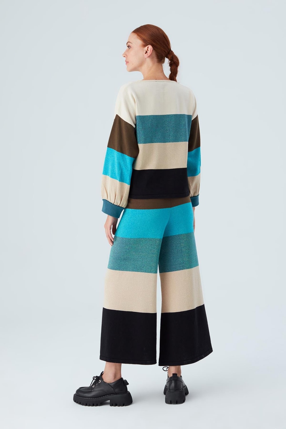 Peraluna-Sasha Trouser Geniş Çizgili Simli Kadın Triko Pantolon-Pantolon-4-Milagron.com