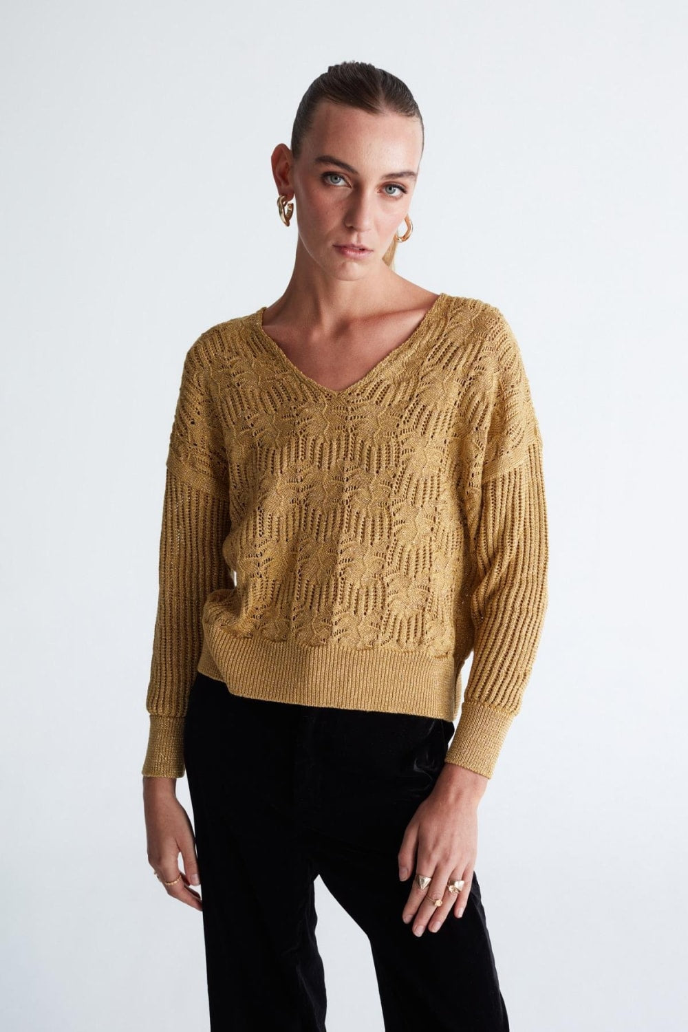 Peraluna-Scarlet Pullover Çiçek Desen V Yaka Simli Uzun Kol Kadın Triko Kazak -Kazak & Triko-1-Milagron.com