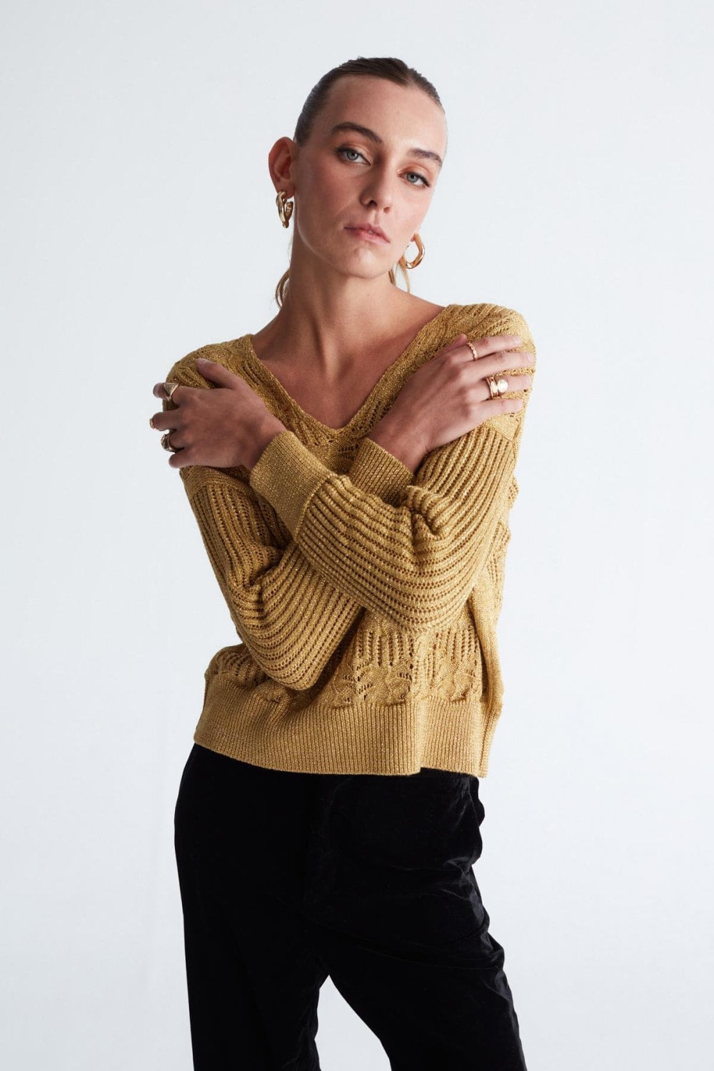 Peraluna-Scarlet Pullover Çiçek Desen V Yaka Simli Uzun Kol Kadın Triko Kazak -Kazak & Triko-6-Milagron.com