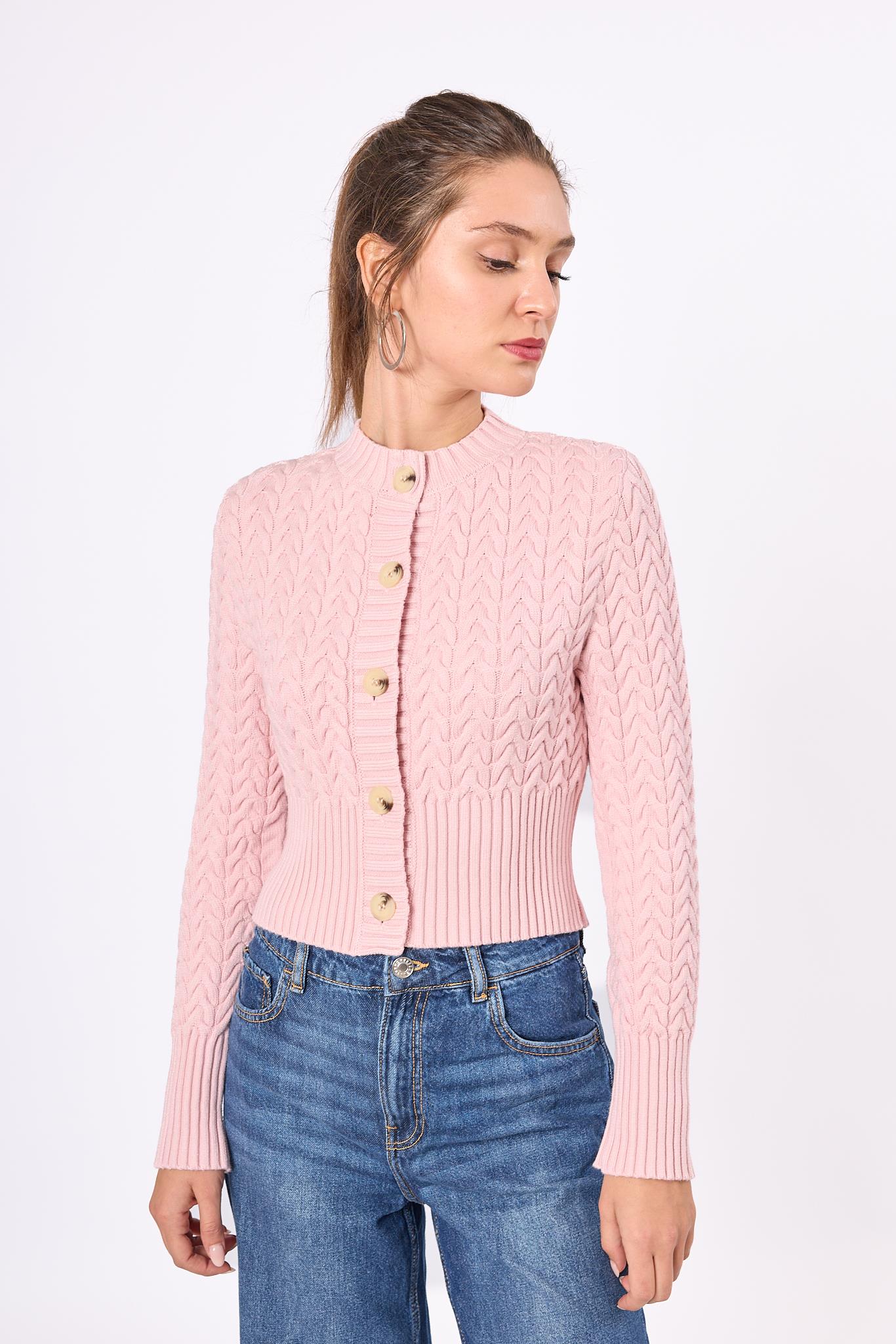 Peraluna-Scarlett Saç Örgülü Krop Kesim Kadın Triko Hırka Açık Pembe-Kazak & Triko-5-Milagron.com