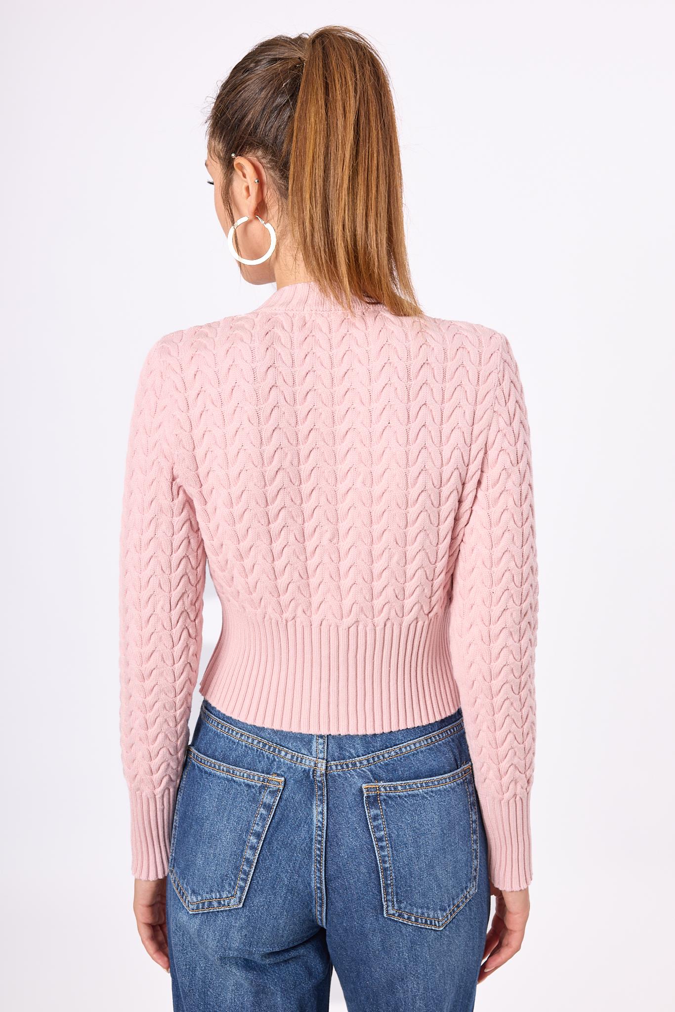 Peraluna-Scarlett Saç Örgülü Krop Kesim Kadın Triko Hırka Açık Pembe-Kazak & Triko-6-Milagron.com