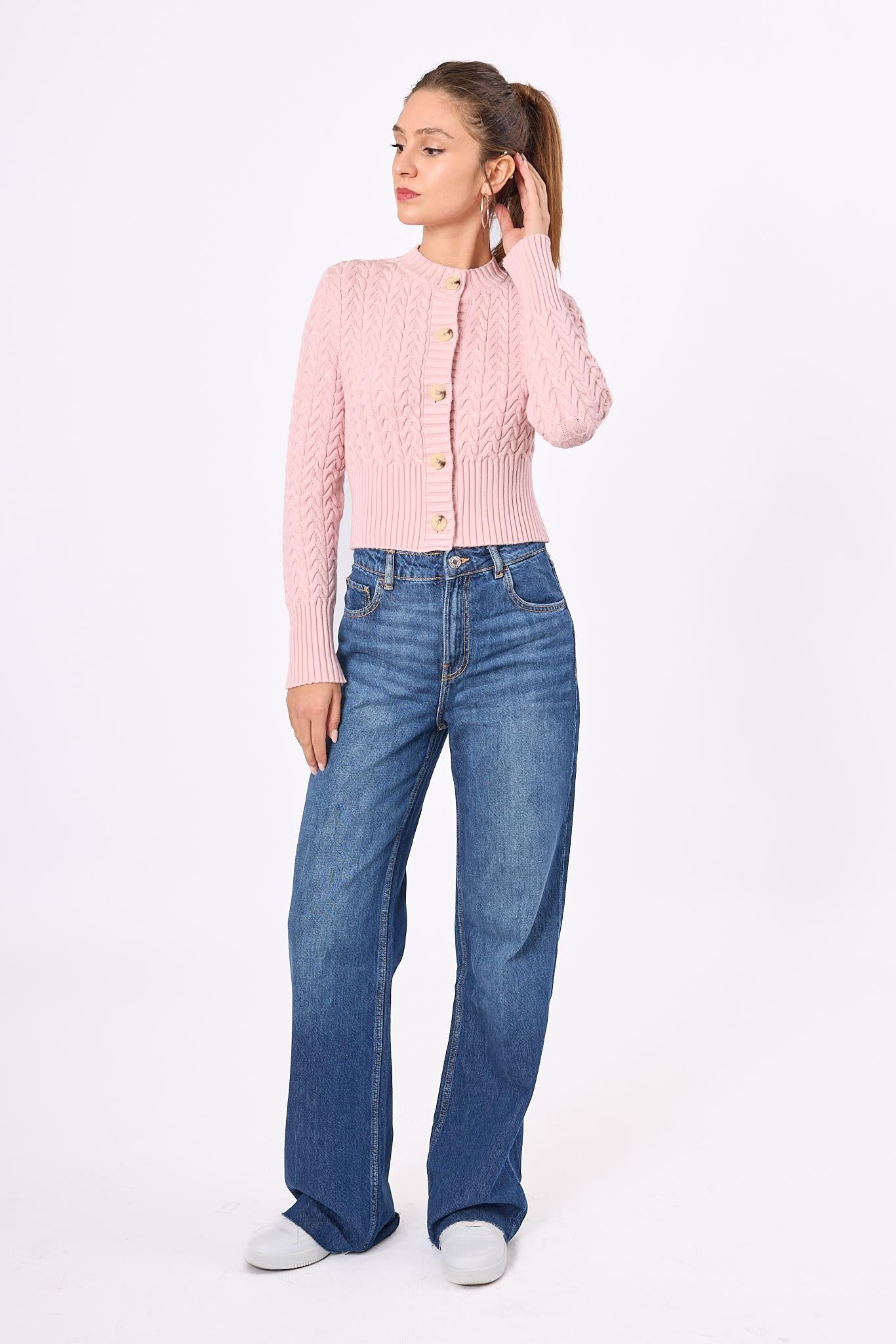 Peraluna-Scarlett Saç Örgülü Krop Kesim Kadın Triko Hırka Açık Pembe-Kazak & Triko-7-Milagron.com