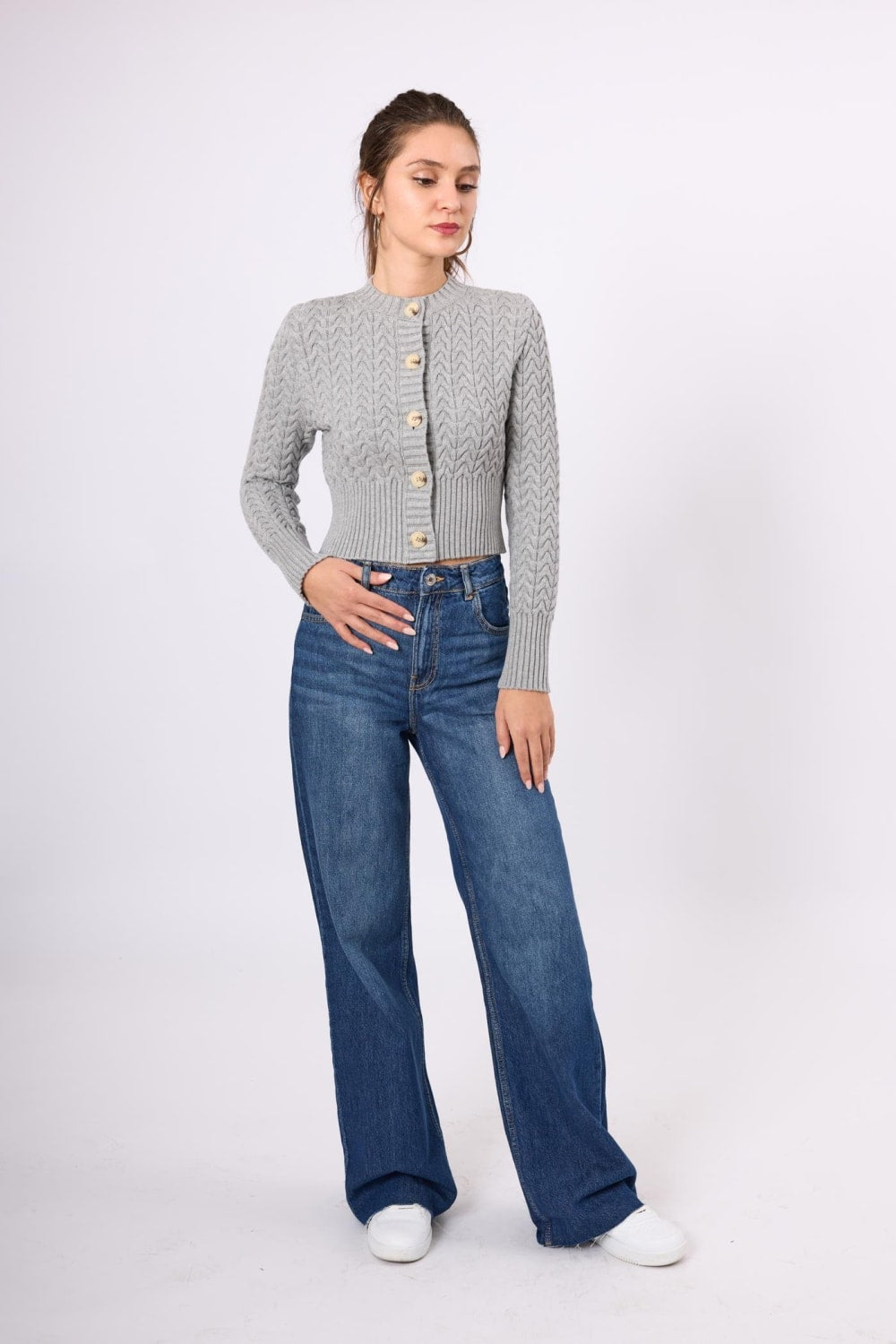 Peraluna-Scarlett Saç Örgülü Krop Kesim Kadın Triko Hırka Açık Pembe-Kazak & Triko-8-Milagron.com