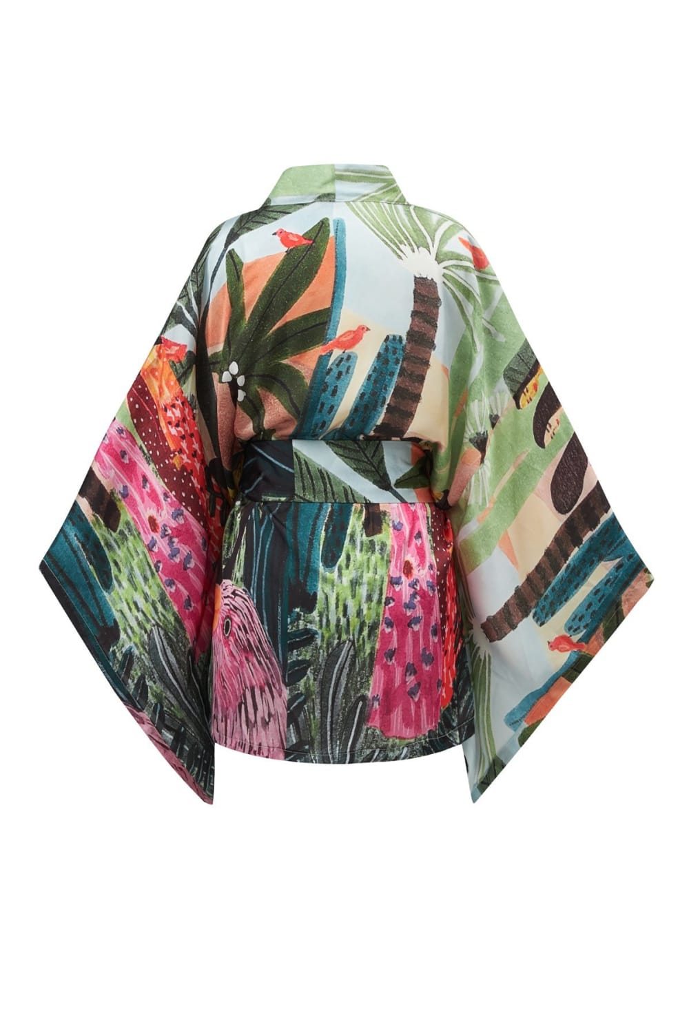 Peraluna-Shuko Tropik Desenli Geniş Kollu Saten Kadın Kimono-Kimono-10-Milagron.com