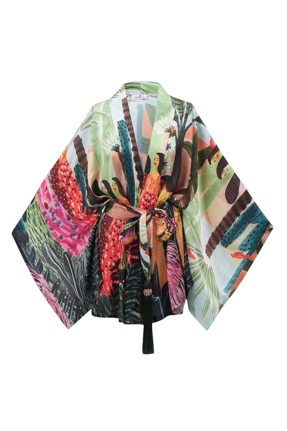 Peraluna-Shuko Tropik Desenli Geniş Kollu Saten Kadın Kimono-Kimono-9-Milagron.com