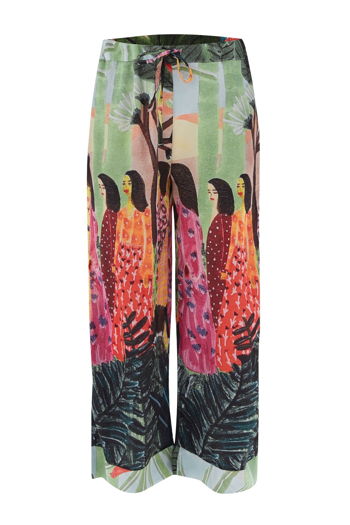 Peraluna-Shuko Trouser Tropik Desenli Bol Kesim Saten Kadın Pantolon Çok Renkli-Pantolon-5-Milagron.com
