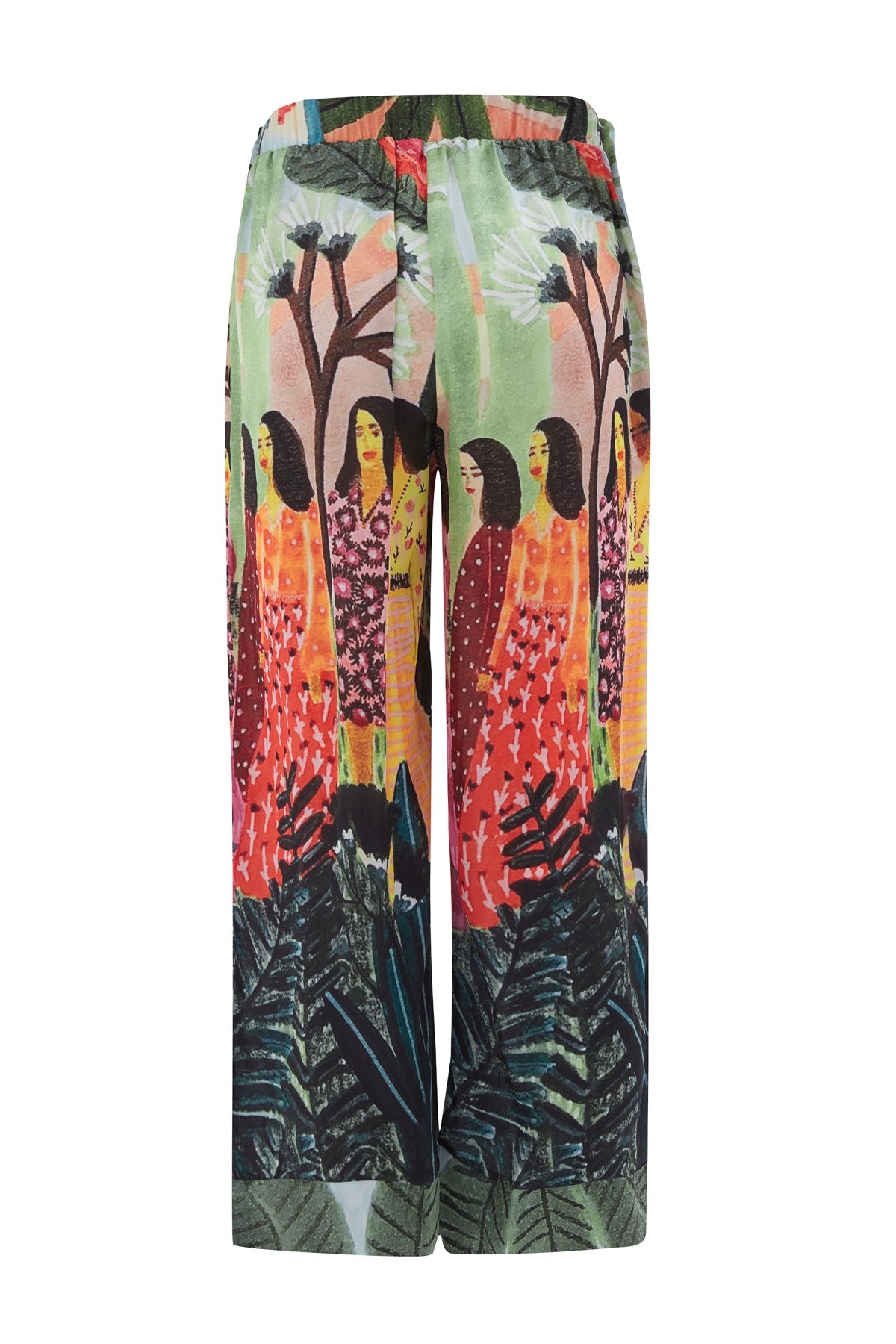 Peraluna-Shuko Trouser Tropik Desenli Bol Kesim Saten Kadın Pantolon Çok Renkli-Pantolon-6-Milagron.com