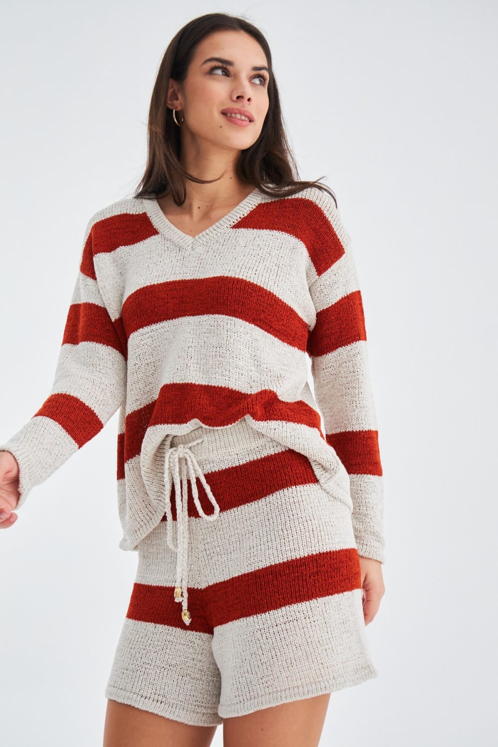 Peraluna-Siena Blouse & Shorts Çizgili Uzun Kollu Kadın Triko Şort Takım-Şort-1-Milagron.com