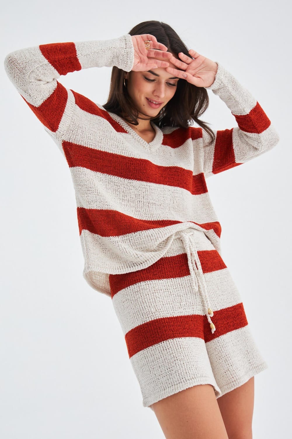 Peraluna-Siena Blouse & Shorts Çizgili Uzun Kollu Kadın Triko Şort Takım-Şort-5-Milagron.com