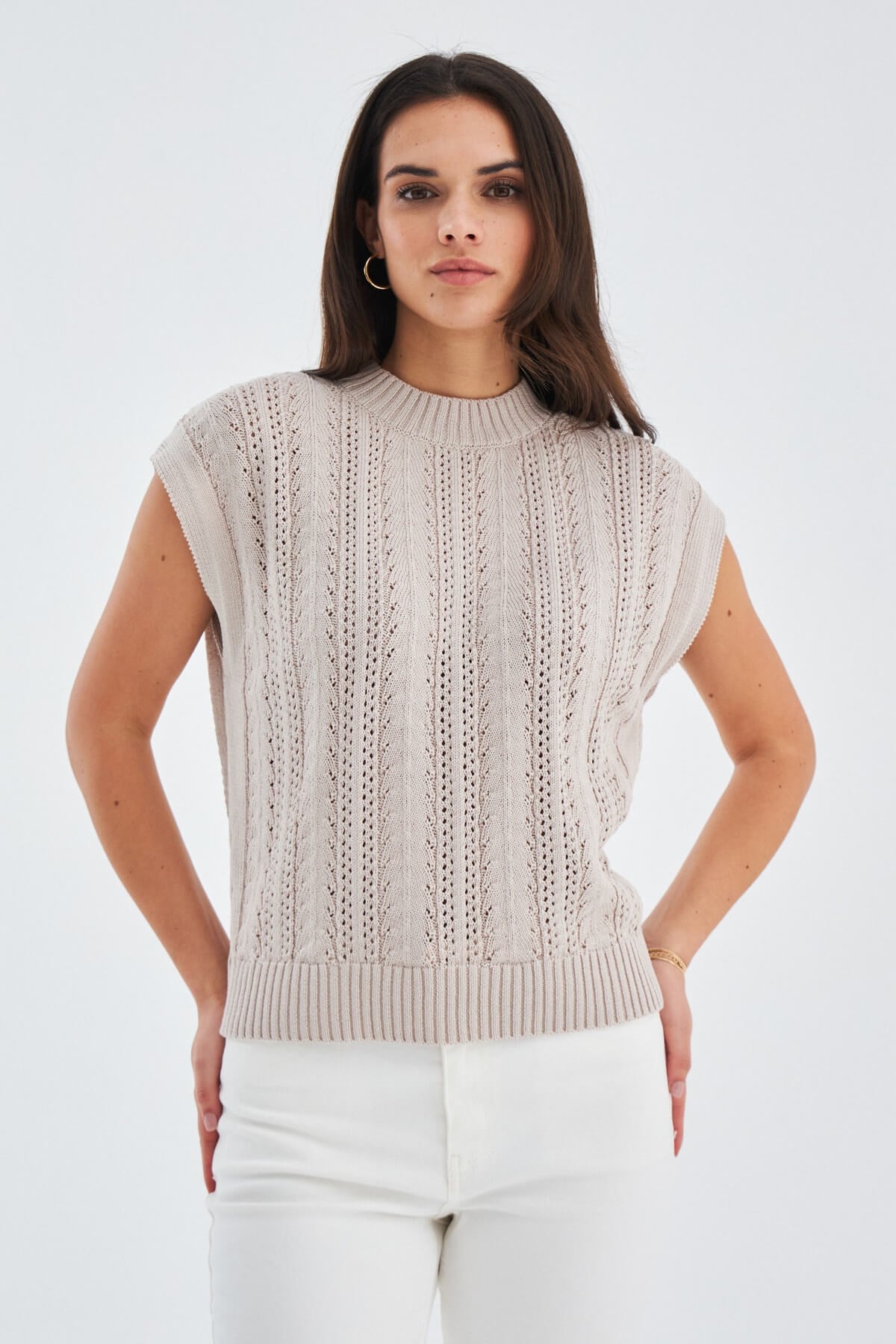 Peraluna SiMa Blouse Ajur Detaylı Düşük Kollu Yazlık Kadın Triko Bluz - Bej