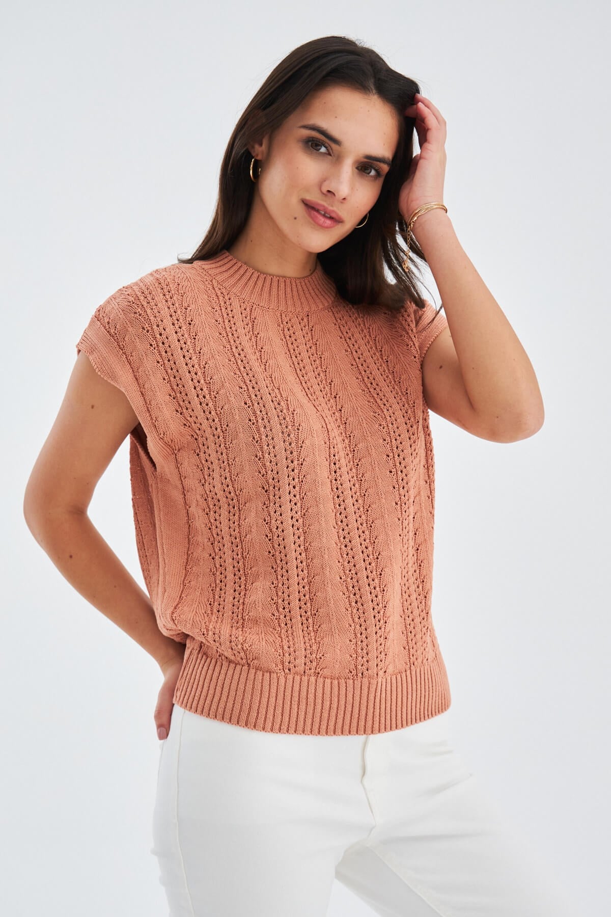 Peraluna SiMa Blouse Ajur Detaylı Düşük Kollu Yazlık Kadın Triko Bluz - Somon