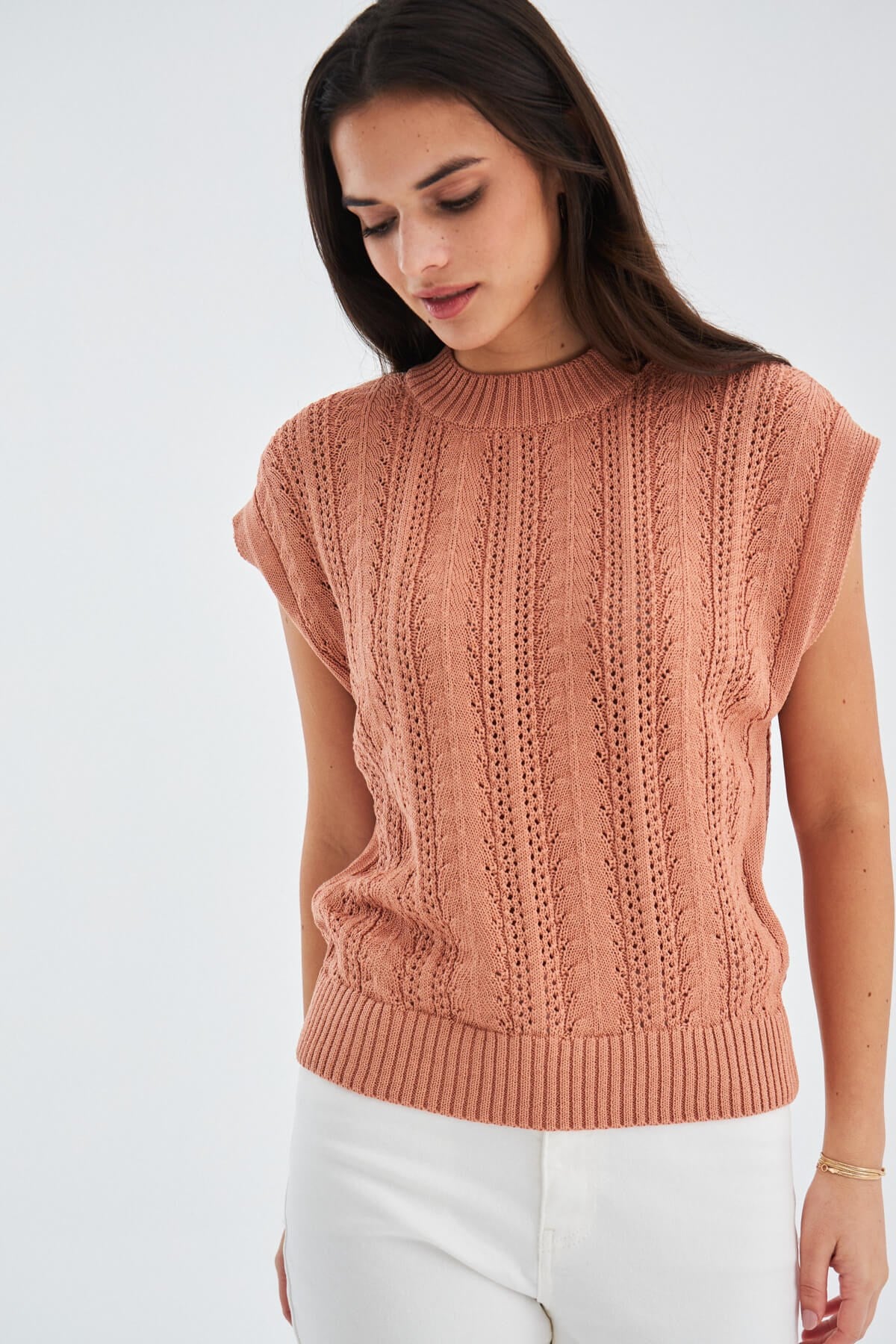Peraluna SiMa Blouse Ajur Detaylı Düşük Kollu Yazlık Kadın Triko Bluz - Somon