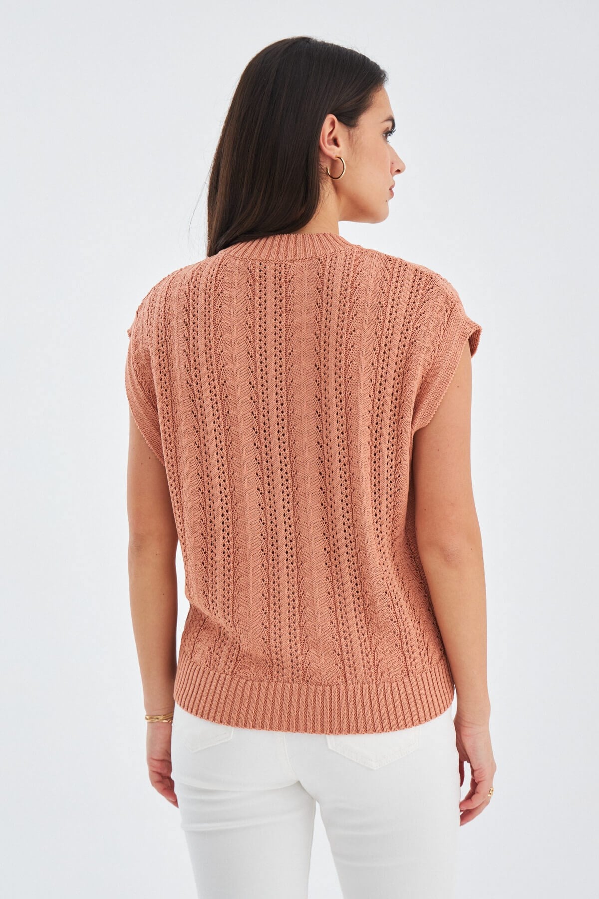 Peraluna SiMa Blouse Ajur Detaylı Düşük Kollu Yazlık Kadın Triko Bluz - Somon