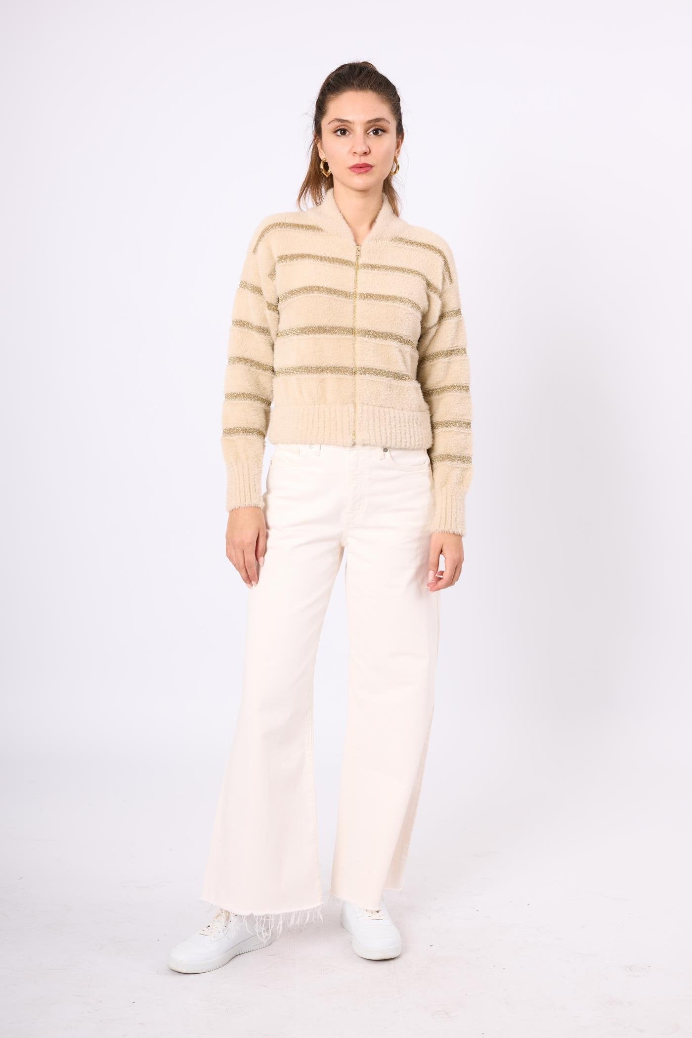 Peraluna-Simli Çizgili Kısa Kadın Triko Bomber Ceket Bej-Ceket-1-Milagron.com