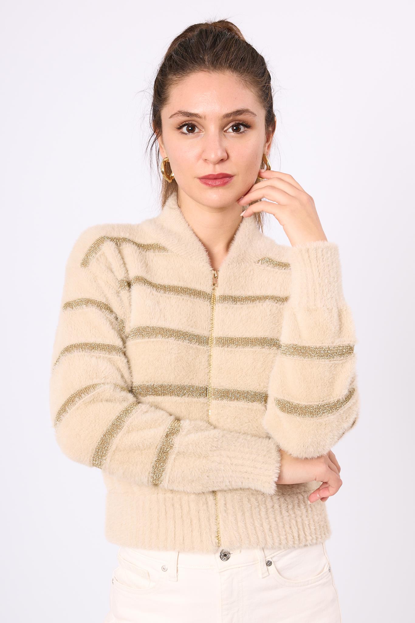 Peraluna-Simli Çizgili Kısa Kadın Triko Bomber Ceket Bej-Ceket-6-Milagron.com