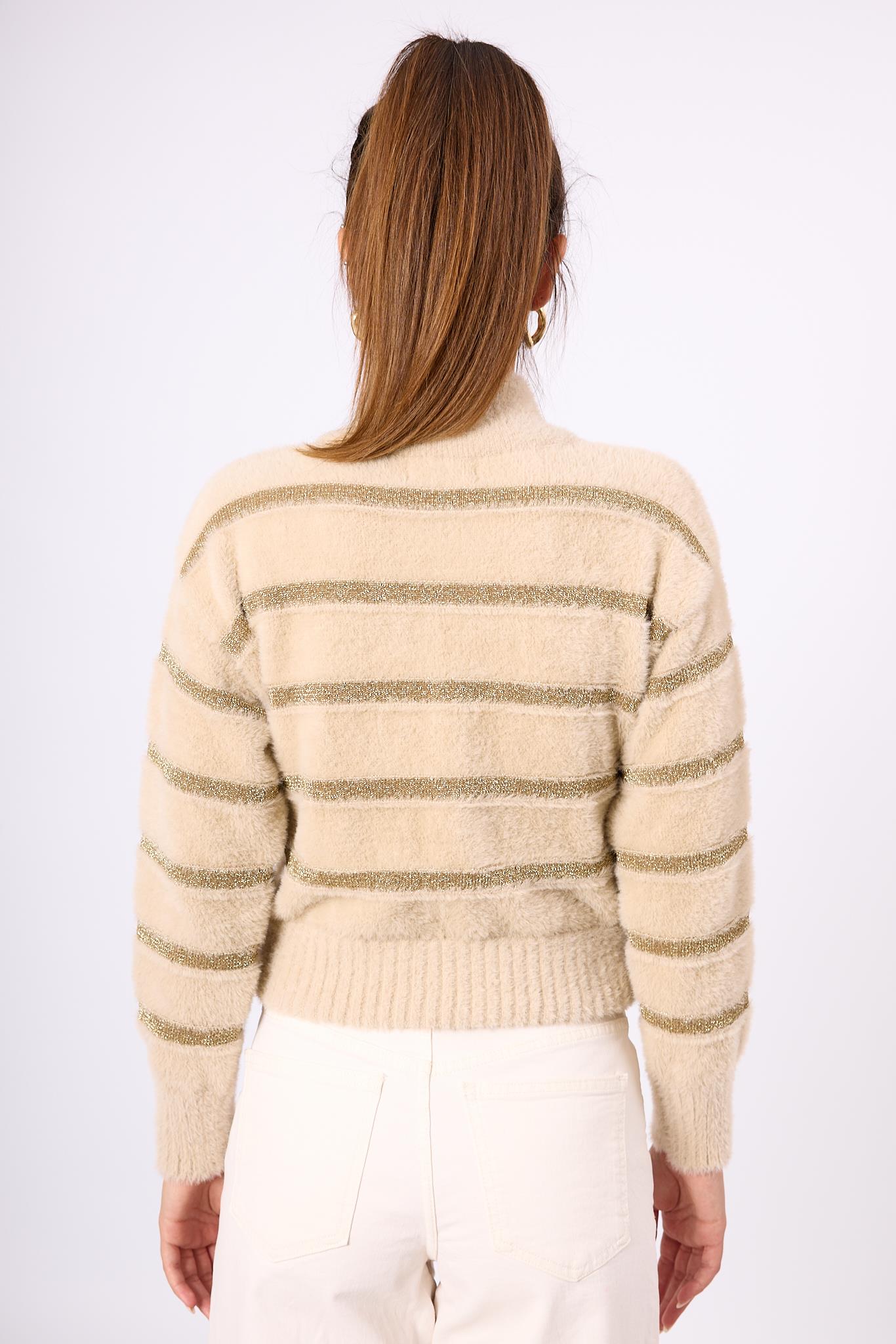 Peraluna-Simli Çizgili Kısa Kadın Triko Bomber Ceket Bej-Ceket-7-Milagron.com