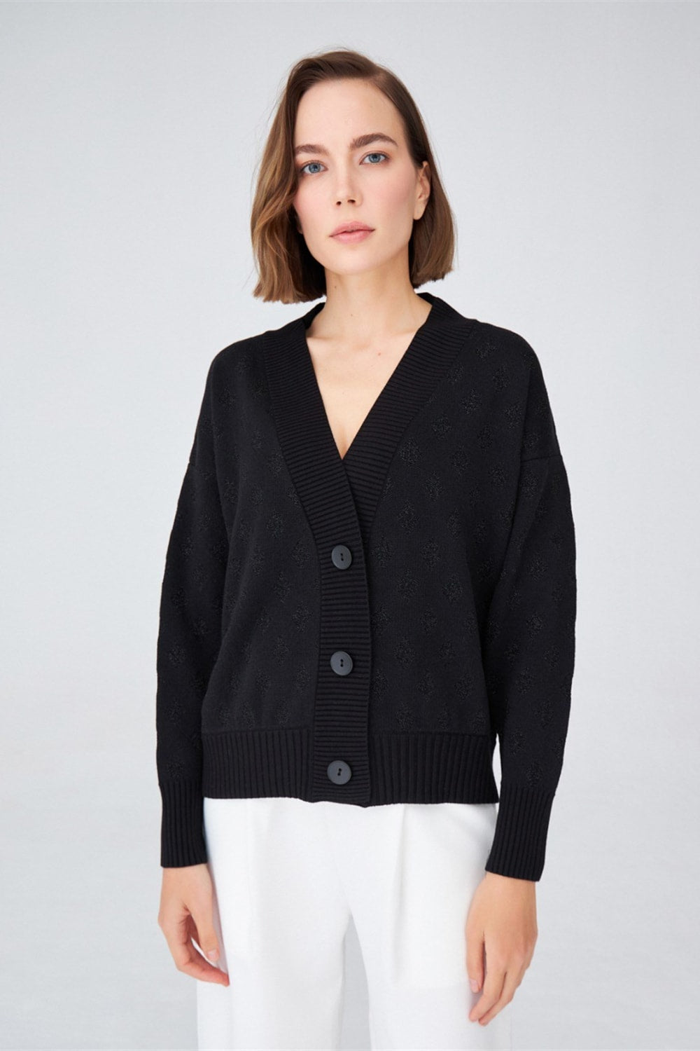 Peraluna-Simli Diamond Desenli Geniş Kalıp Kabarık Kollu Kısa Kadın Triko Hırka-Kazak & Triko-1-Milagron.com