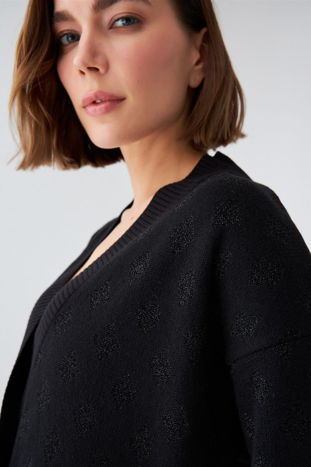 Peraluna-Simli Diamond Desenli Geniş Kalıp Kabarık Kollu Kısa Kadın Triko Hırka-Kazak & Triko-2-Milagron.com