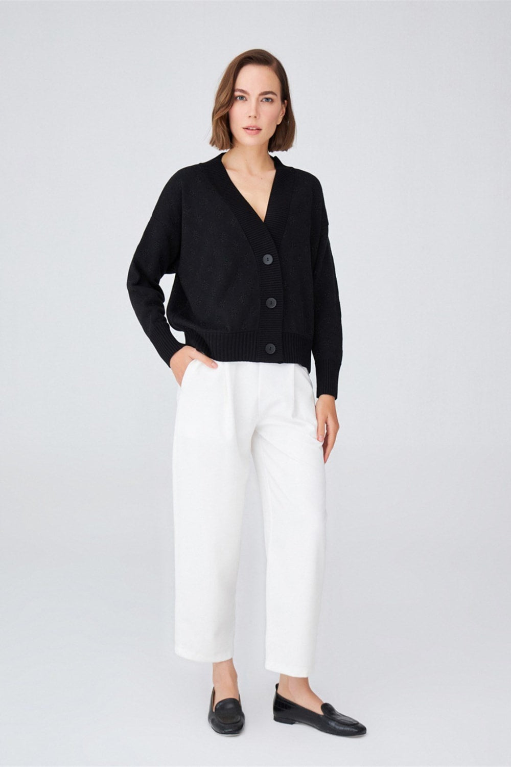 Peraluna-Simli Diamond Desenli Geniş Kalıp Kabarık Kollu Kısa Kadın Triko Hırka-Kazak & Triko-4-Milagron.com