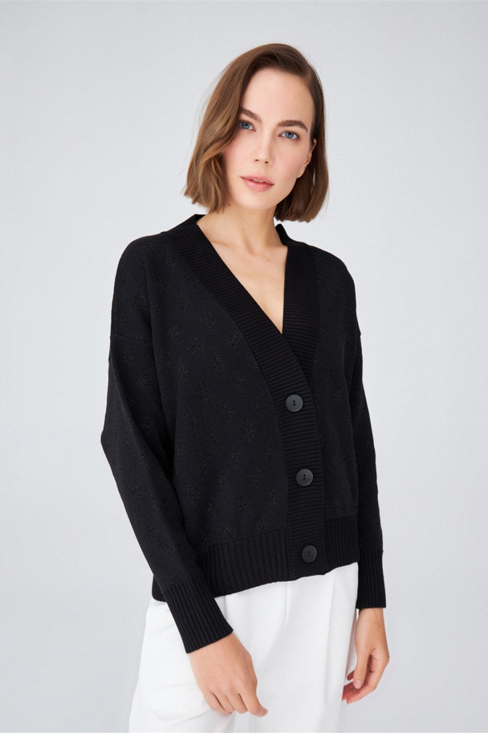 Peraluna-Simli Diamond Desenli Geniş Kalıp Kabarık Kollu Kısa Kadın Triko Hırka-Kazak & Triko-5-Milagron.com