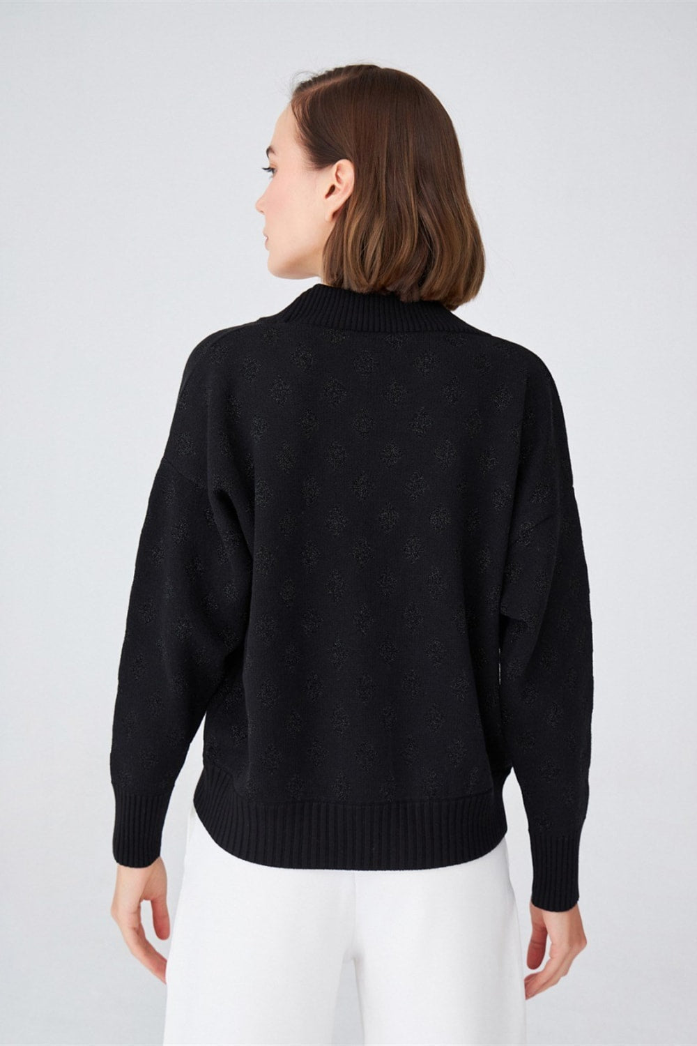 Peraluna-Simli Diamond Desenli Geniş Kalıp Kabarık Kollu Kısa Kadın Triko Hırka-Kazak & Triko-6-Milagron.com