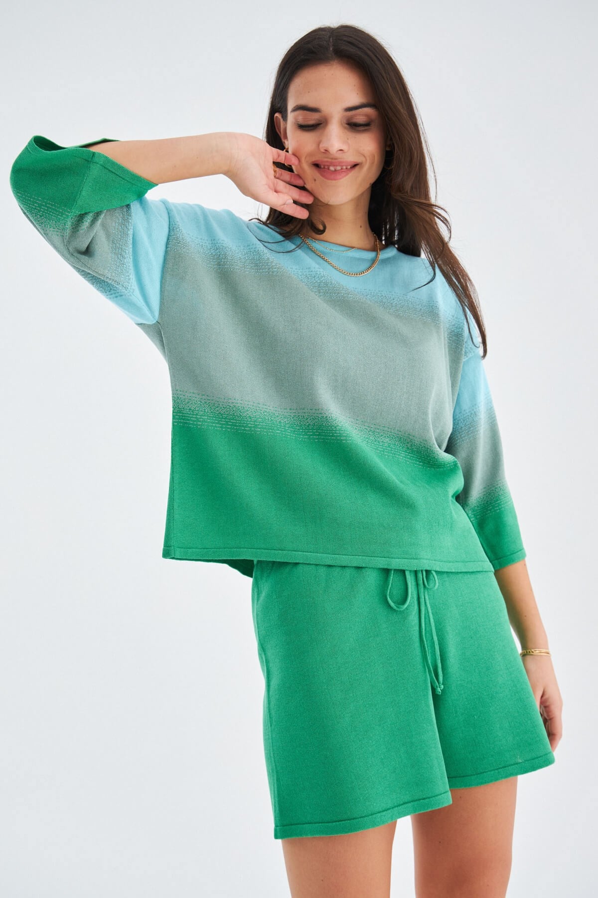 Peraluna SiRi Blouse & Shorts Yazlık Triko Kadın Şort Takım - Nil Yeşili