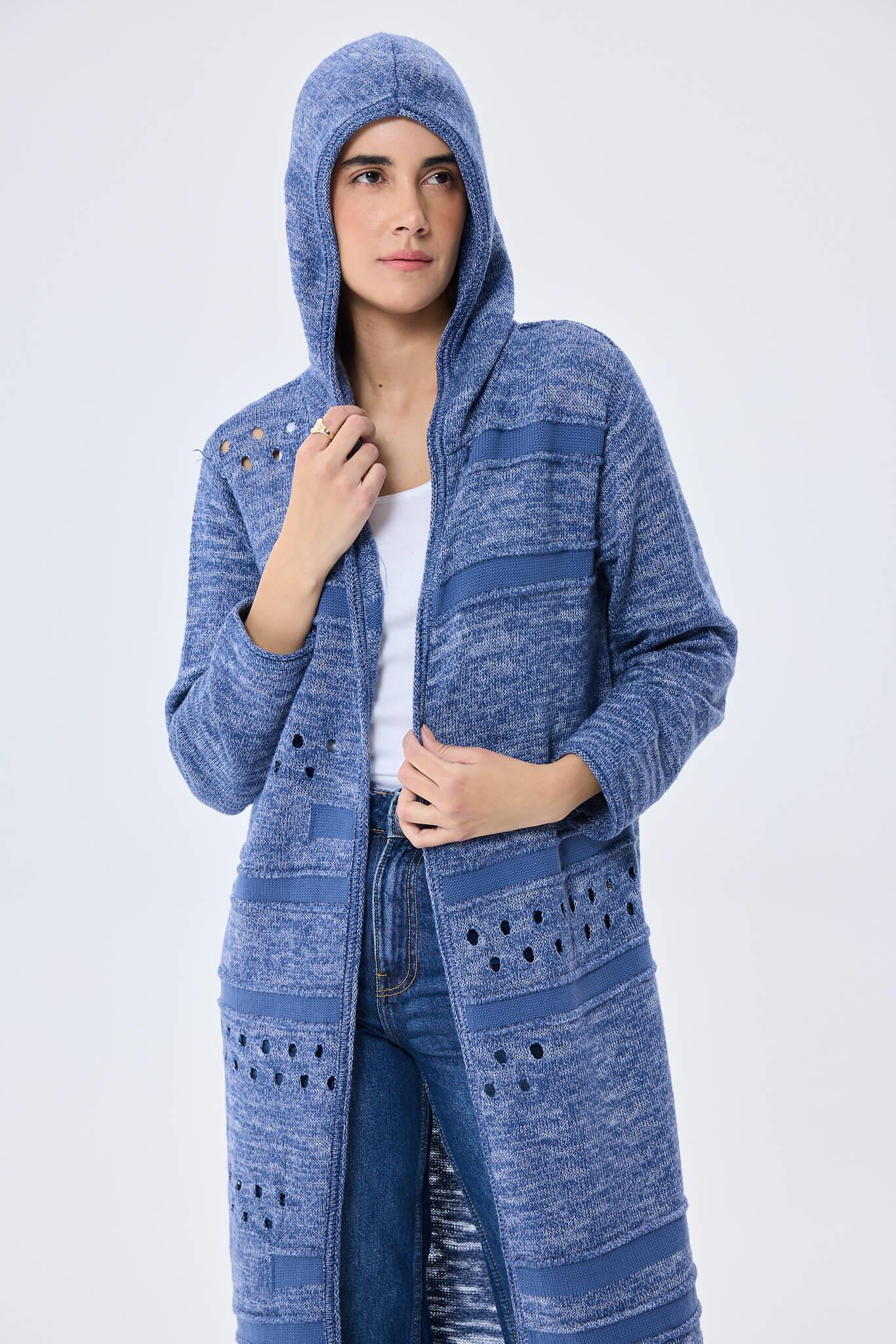 Peraluna Skyler, Ajurlu, Kadın Kapüşonlu Yazlık Uzun Triko Hırka - Denim Mix