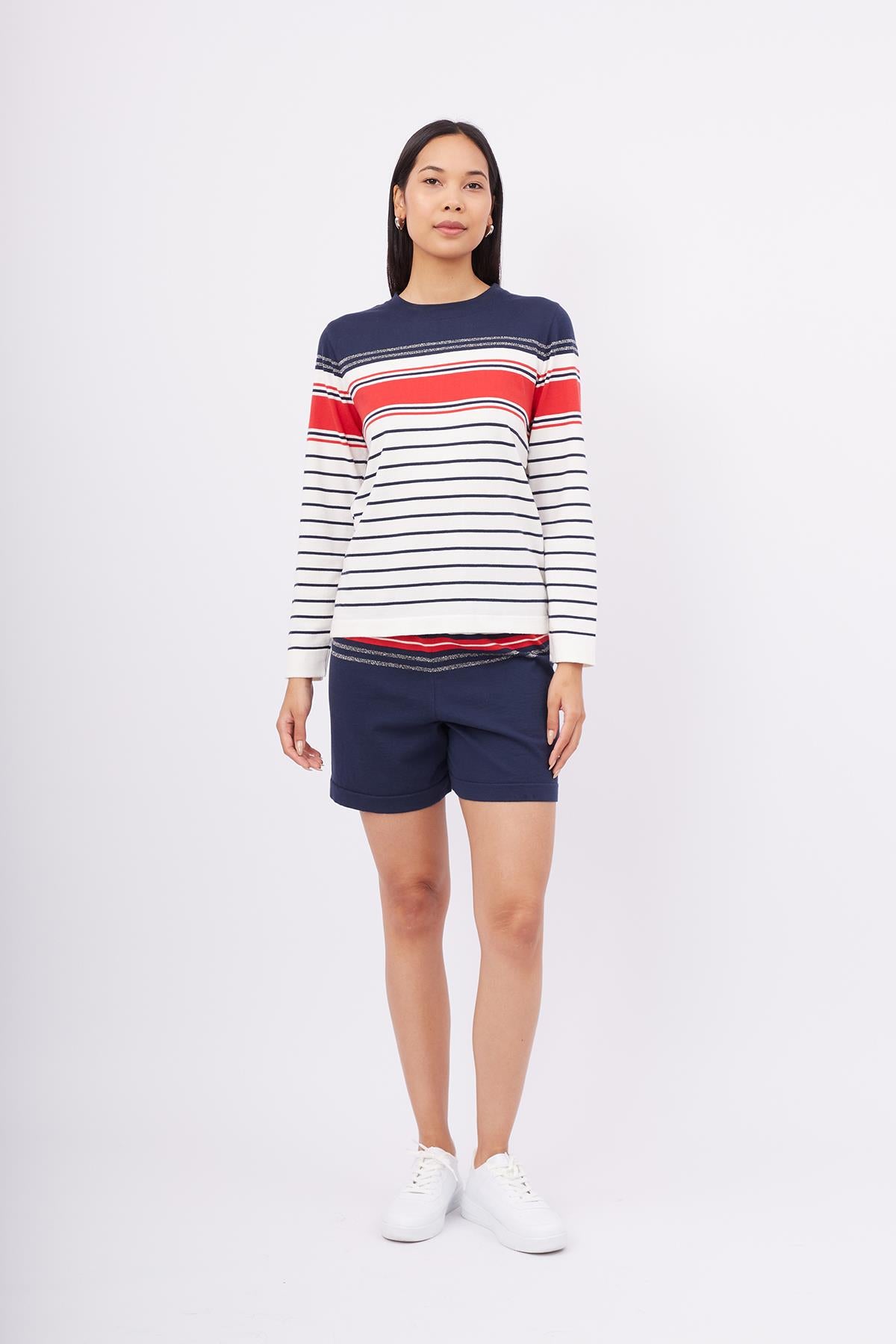 Peraluna-Sofia Pullover Organik Pamuk çizgili Mevsimlik Kadın Triko Kazak Lacivert Multi-Kazak & Triko-1-Milagron.com