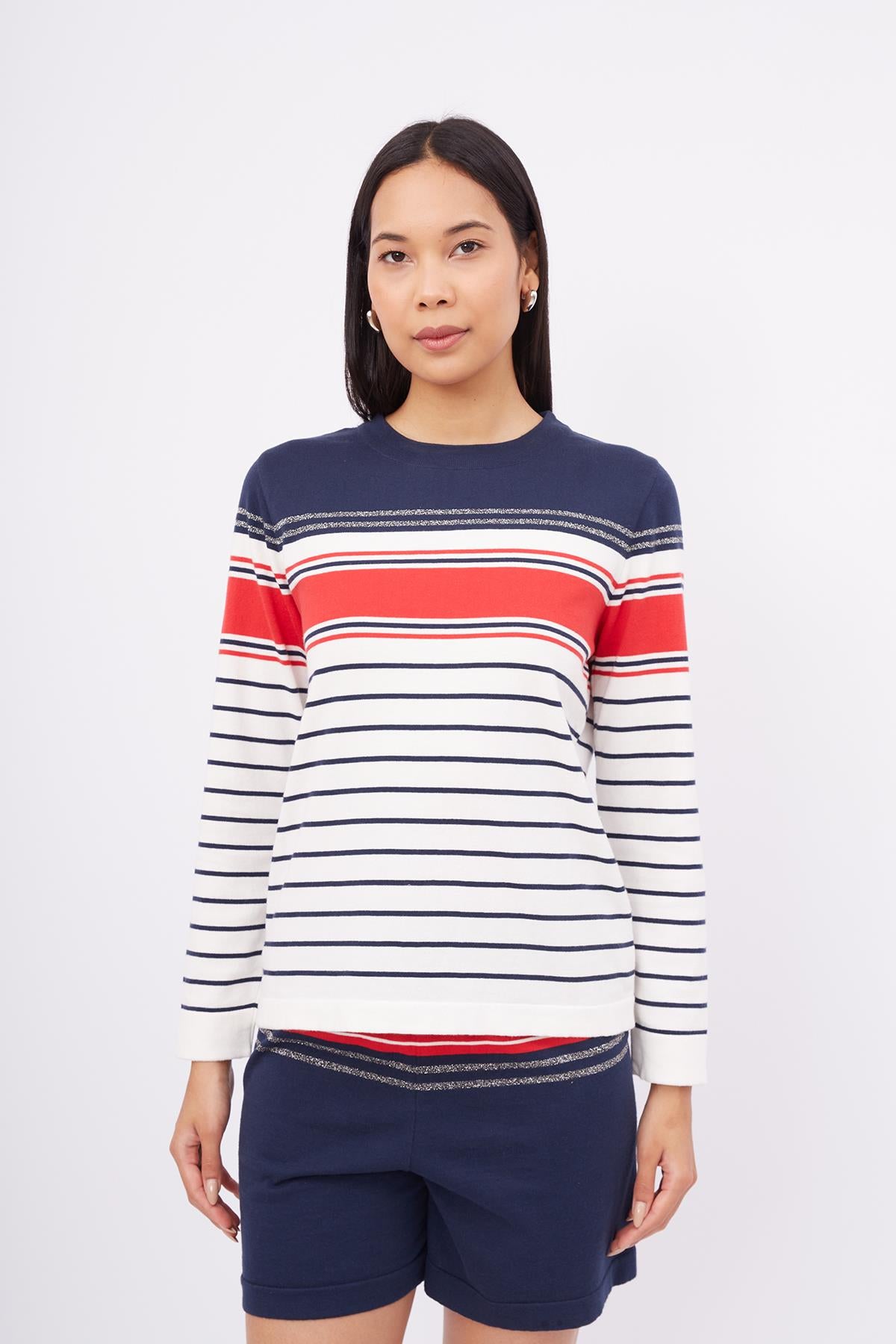 Peraluna-Sofia Pullover Organik Pamuk çizgili Mevsimlik Kadın Triko Kazak Lacivert Multi-Kazak & Triko-2-Milagron.com