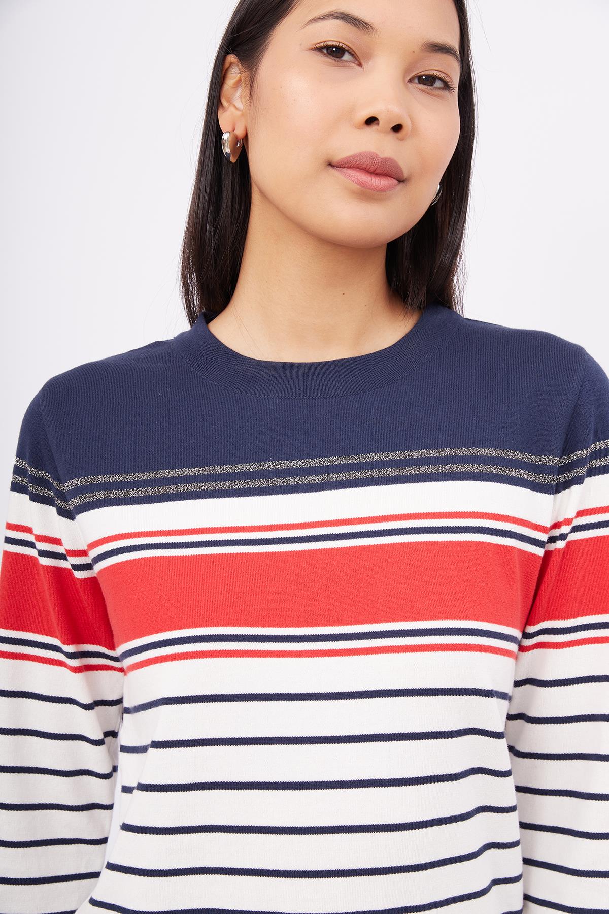Peraluna-Sofia Pullover Organik Pamuk çizgili Mevsimlik Kadın Triko Kazak Lacivert Multi-Kazak & Triko-3-Milagron.com