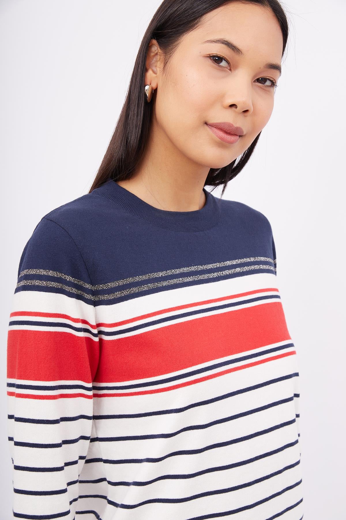Peraluna-Sofia Pullover Organik Pamuk çizgili Mevsimlik Kadın Triko Kazak Lacivert Multi-Kazak & Triko-4-Milagron.com