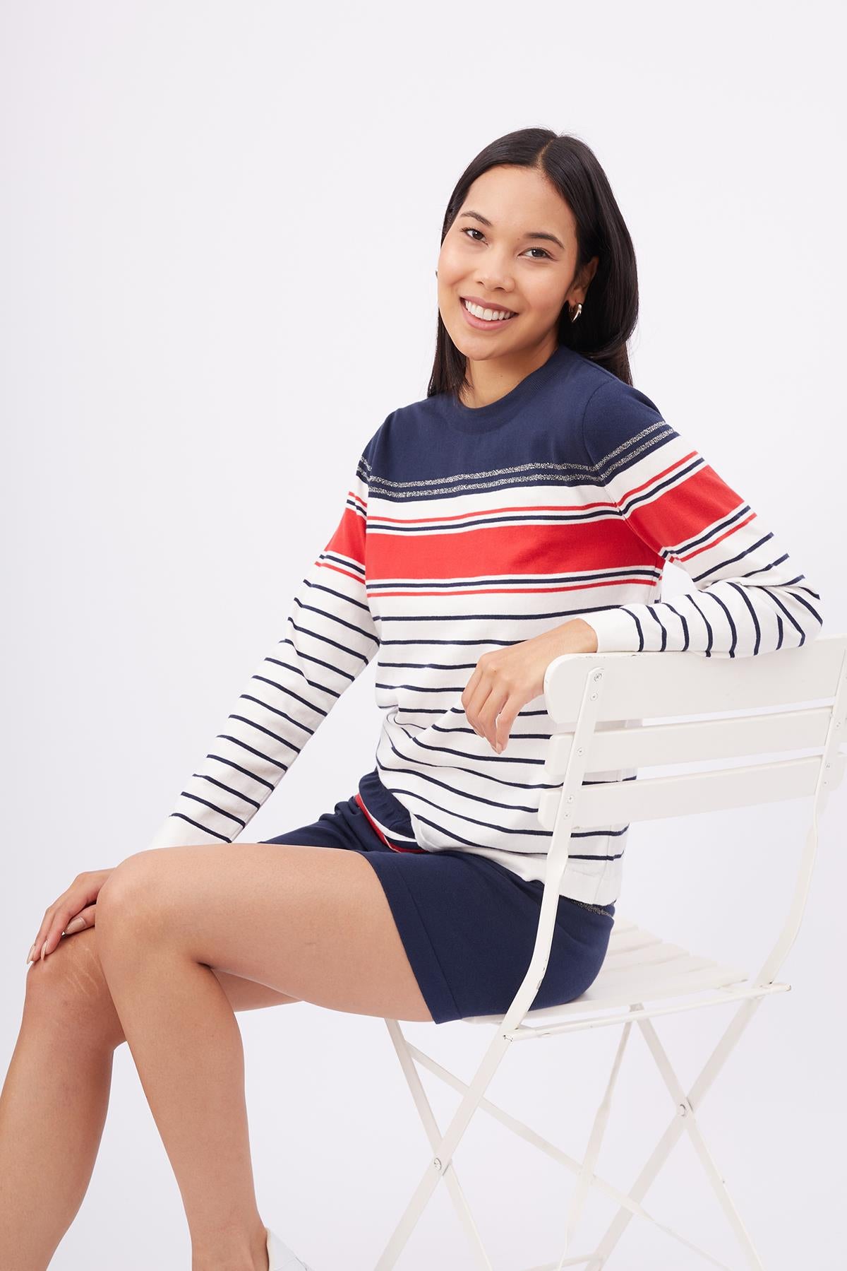 Peraluna-Sofia Pullover Organik Pamuk çizgili Mevsimlik Kadın Triko Kazak Lacivert Multi-Kazak & Triko-5-Milagron.com