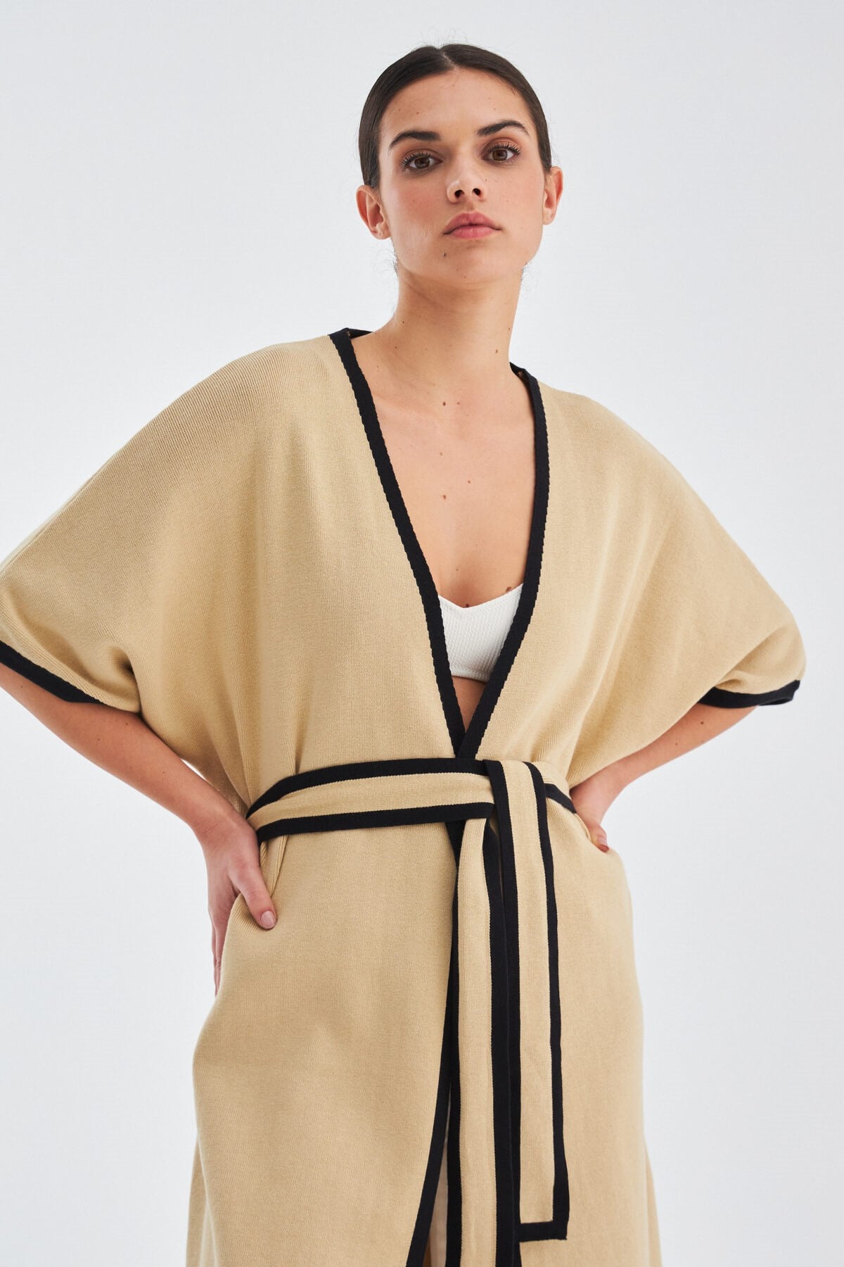 Peraluna Soho Kısa Kollu %100 Pamuk Kadın Triko Kimono - Bej/Siyah