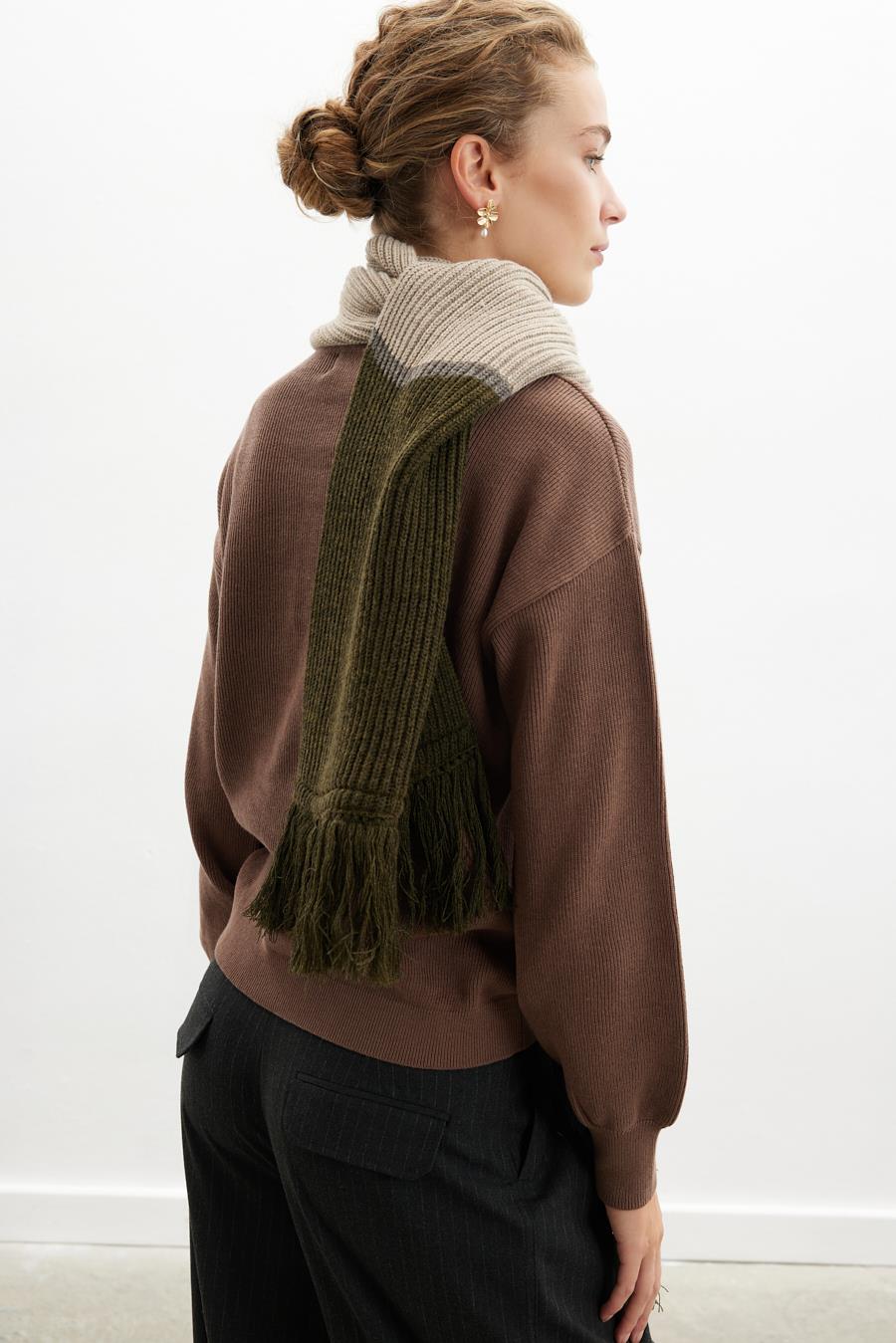 Peraluna Sorrel Scarf Çizgi Detaylı Püsküllü Kadın Triko Atkı - Sütlü Kahve