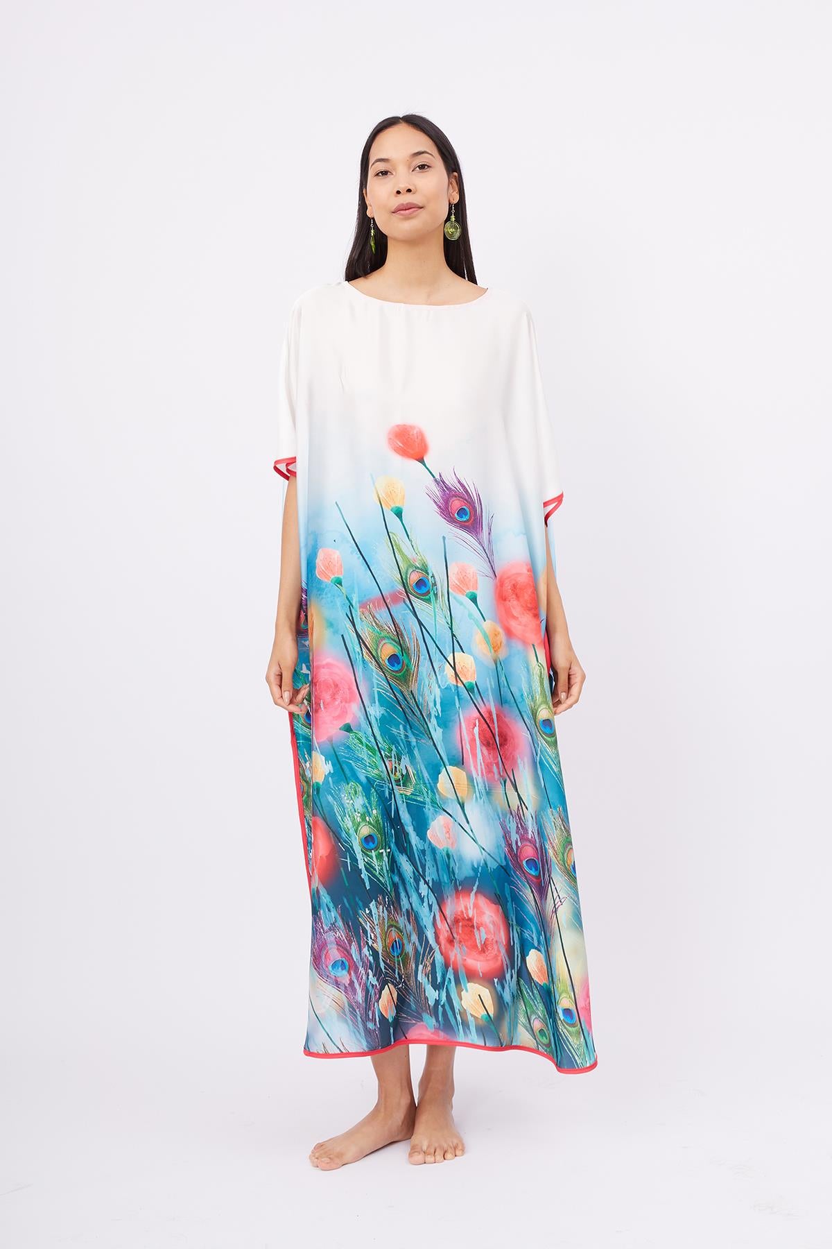 Peraluna-Springfield Long Dress çiçek Baskılı Kısa Kollu 125 Cm Uzun Saten Kadın Elbise-Elbise-1-Milagron.com