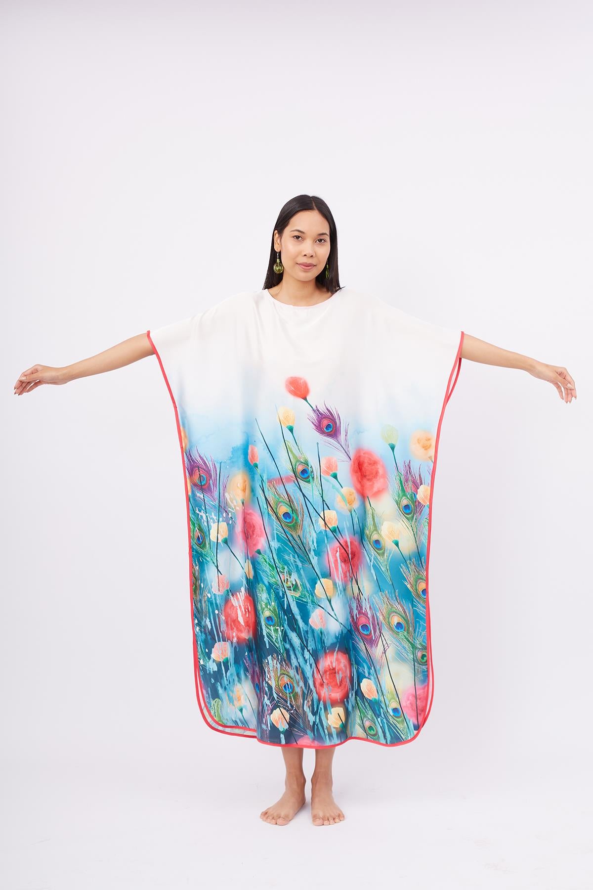 Peraluna-Springfield Long Dress çiçek Baskılı Kısa Kollu 125 Cm Uzun Saten Kadın Elbise-Elbise-4-Milagron.com