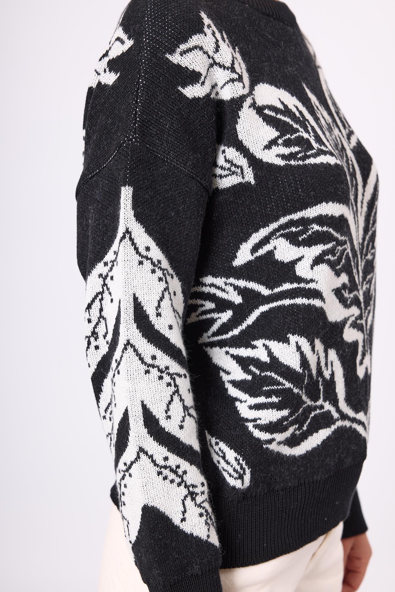 Peraluna-Stardust Jakarlı Kadın Krop Kesim Triko Kazak Siyah/Ekru-Kazak & Triko-5-Milagron.com