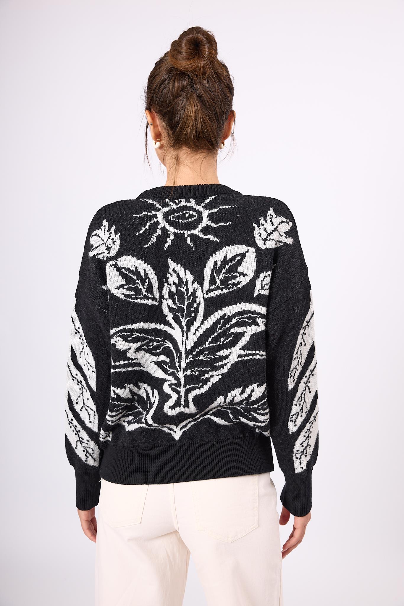 Peraluna-Stardust Jakarlı Kadın Krop Kesim Triko Kazak Siyah/Ekru-Kazak & Triko-7-Milagron.com