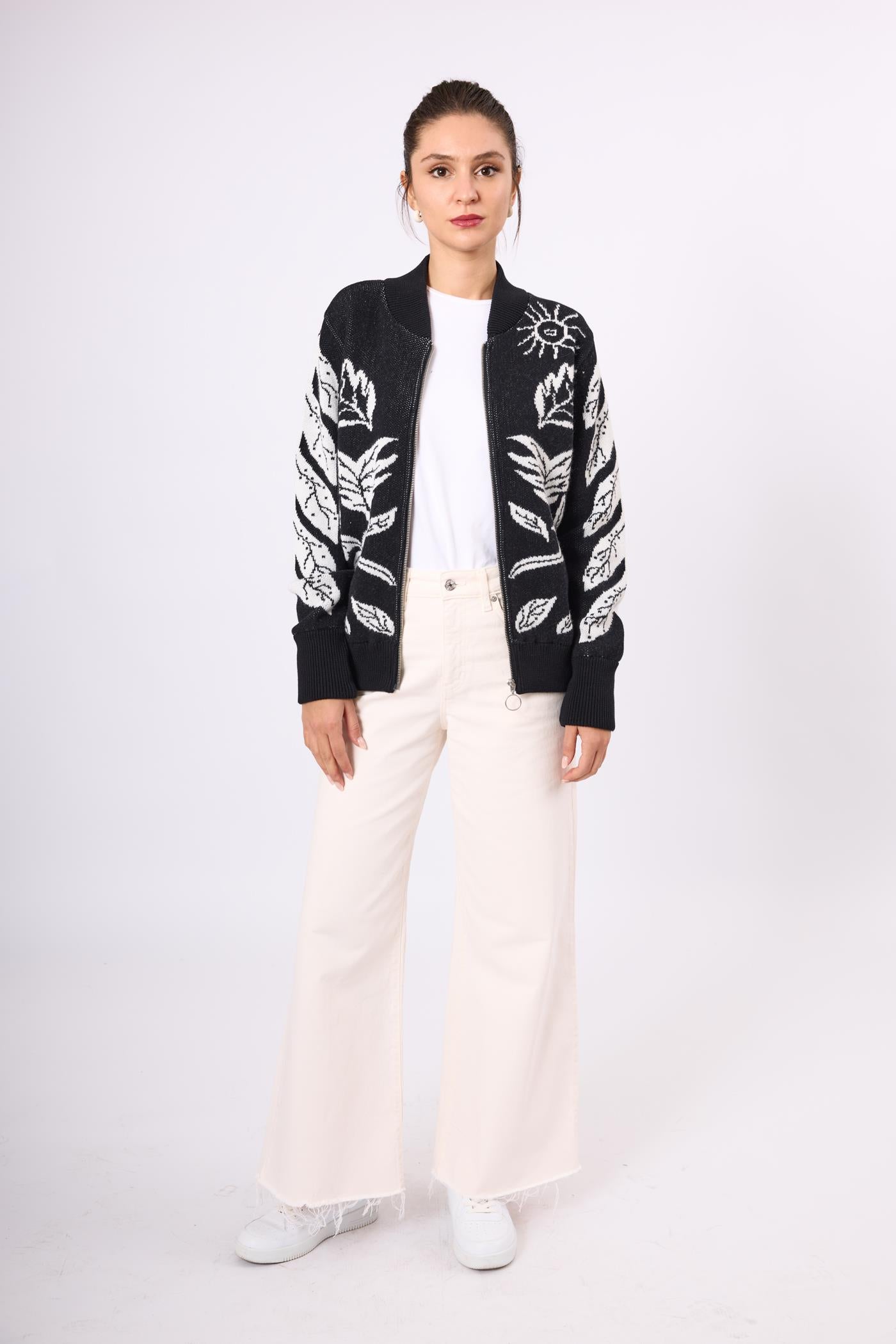 Peraluna-Stardust Kadın Triko Bomber Ceket Siyah/Ekru-Ceket-1-Milagron.com